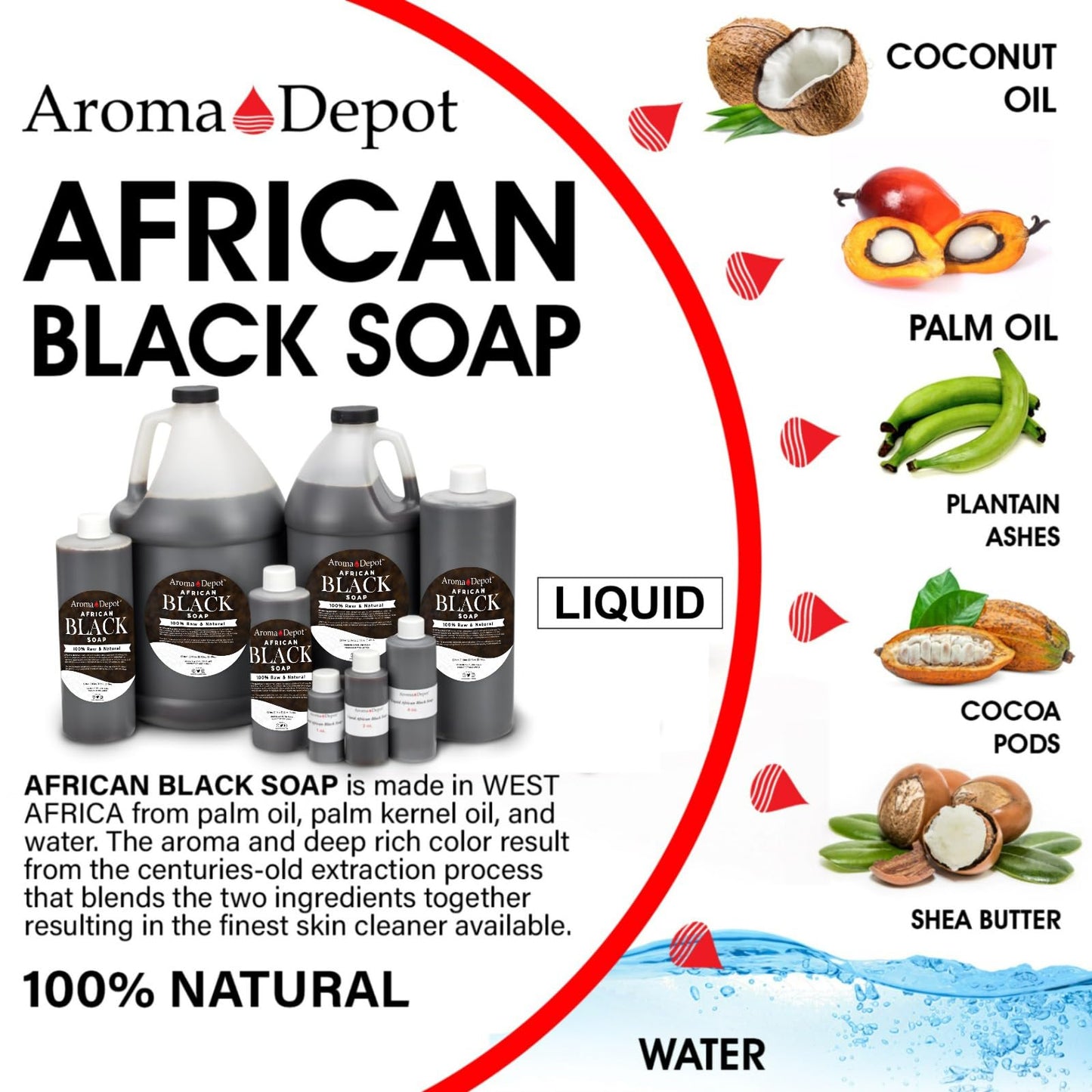 Aroma Depot 16 oz /1 lb Raw African Liquid Black Soap 100% Natural soap for Acne, Eczema, Psoriasis, and Dry Skin Scar Removal Face And Body Wash. Handmade imported from Ghana