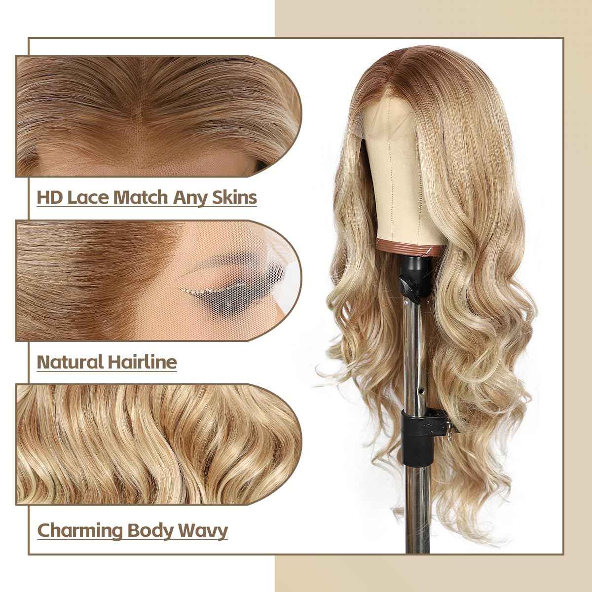 BABEHERS Honey Blonde Lace Front Wig for Women 13x4 Body Wave Synthetic Wigs Highlight Pre-plucked Long Wavy 150% Density Natural Heat Resistant Hair Daily Use 26 Inch