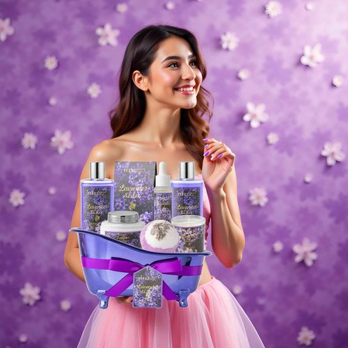 Birthday Gifts for Women, Luxury Home Spa Kit, 8pcs Lavender & Lilac Bath Gift Set, Gift Baskets for Women Unique with Bath Bombs, Sea Salt, Scented Candle, Body Lotion