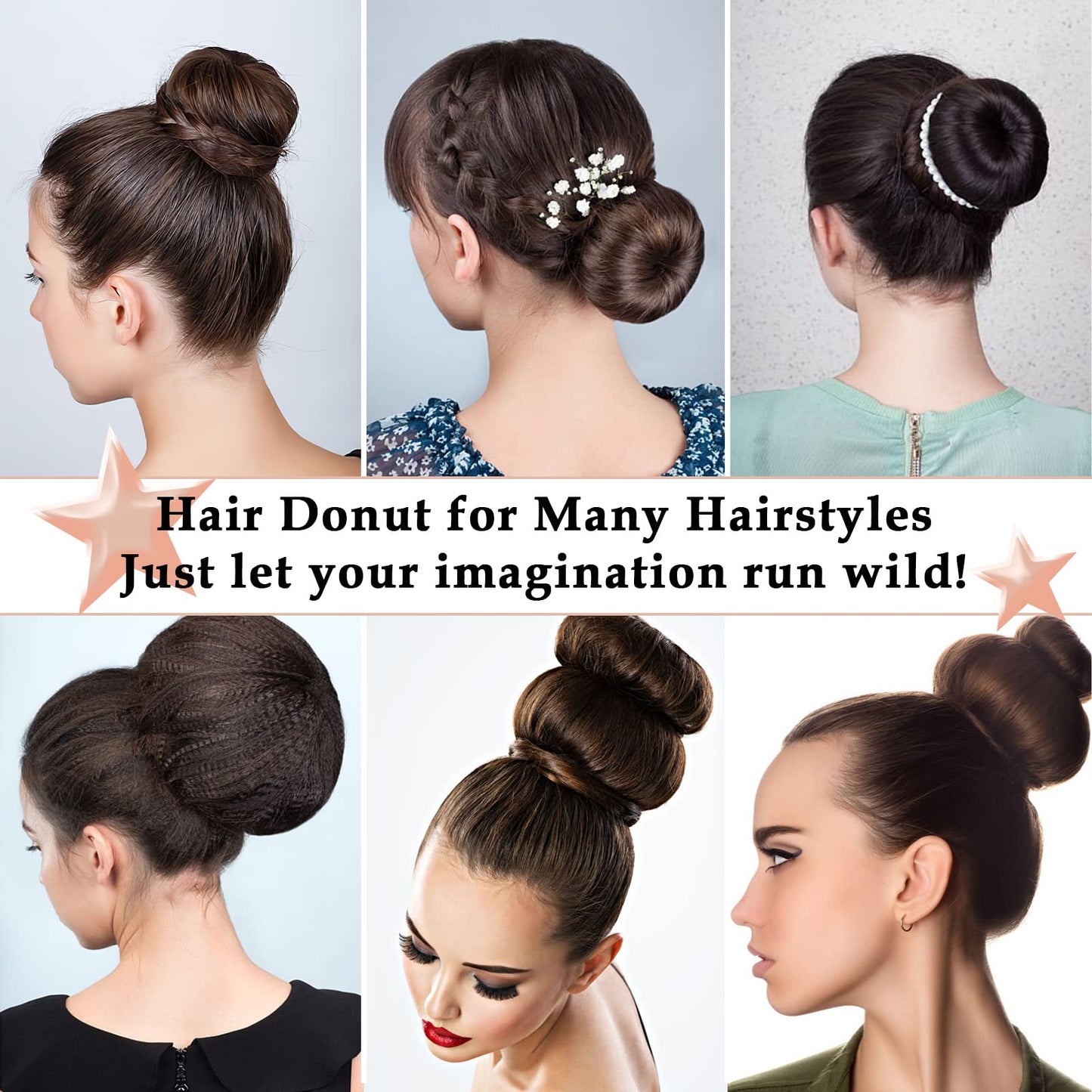 Hair Bun Maker Set 6 PCS - Ring Style Hair Bun Donut (1 L, 2 M and 3 S) with 20 Hair Bobby, Pins 5 Elastic Bands and 4 Pony Hair Tools for Long Hair (Dark Brown)