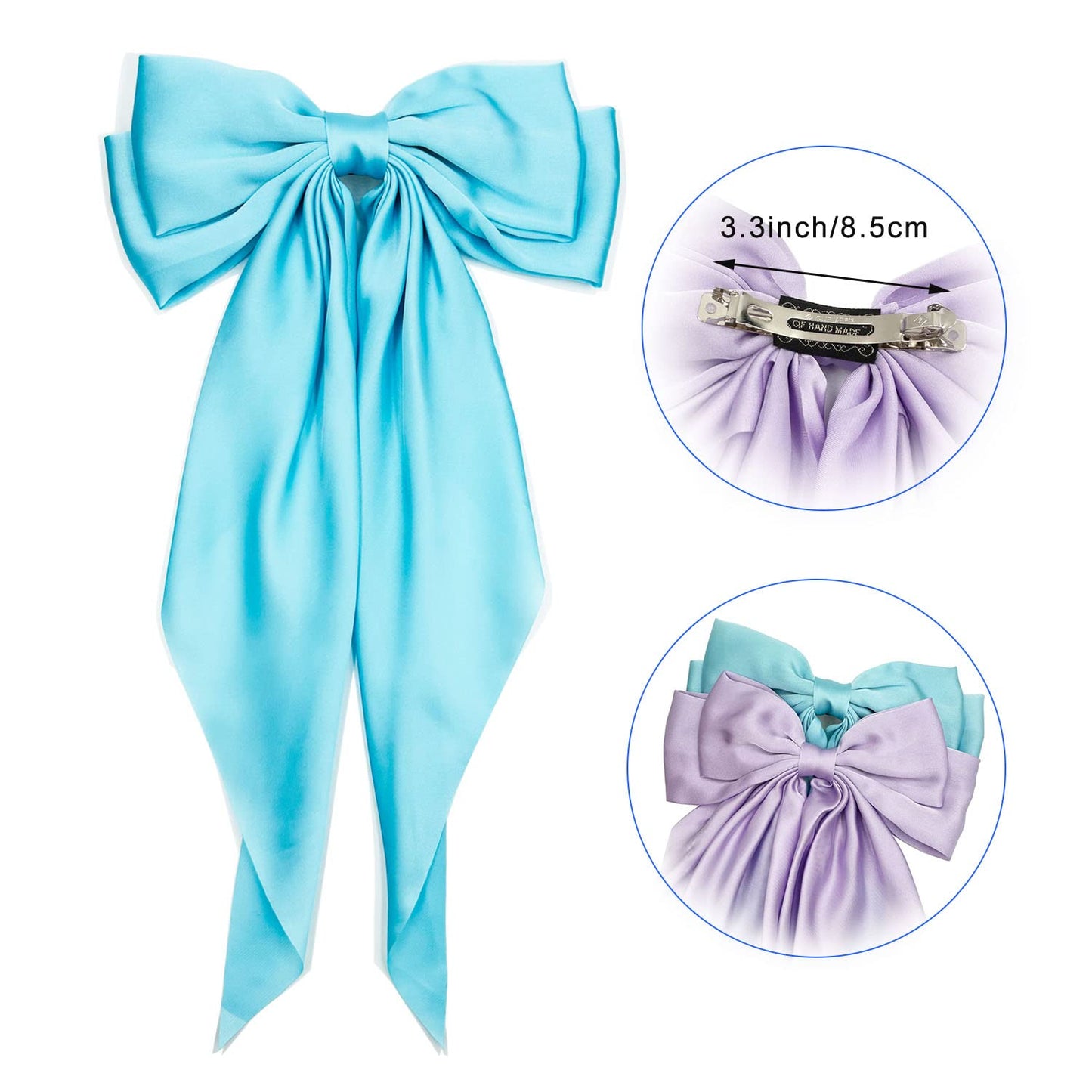 Satin Hair Barrettes Clip for Women Large Bow Hair Slides Metal Clips French Barrette Bowknot with Long Tail Silk Hair Bow Hairpin 90's Hair Accessories (Azure+White)