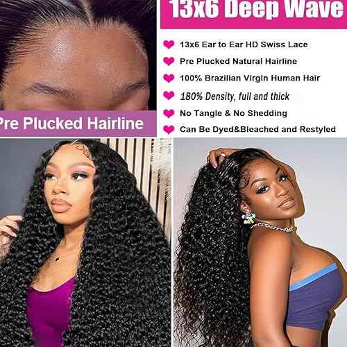 34 Inch 13x6 Deep Wave Lace Front Wigs Human Hair 10A 180% Density,HD Lace Frontal Wet and Wavy Curly Human Hair Wig for Black Women Pre Plucked with Baby Hair Natural Black