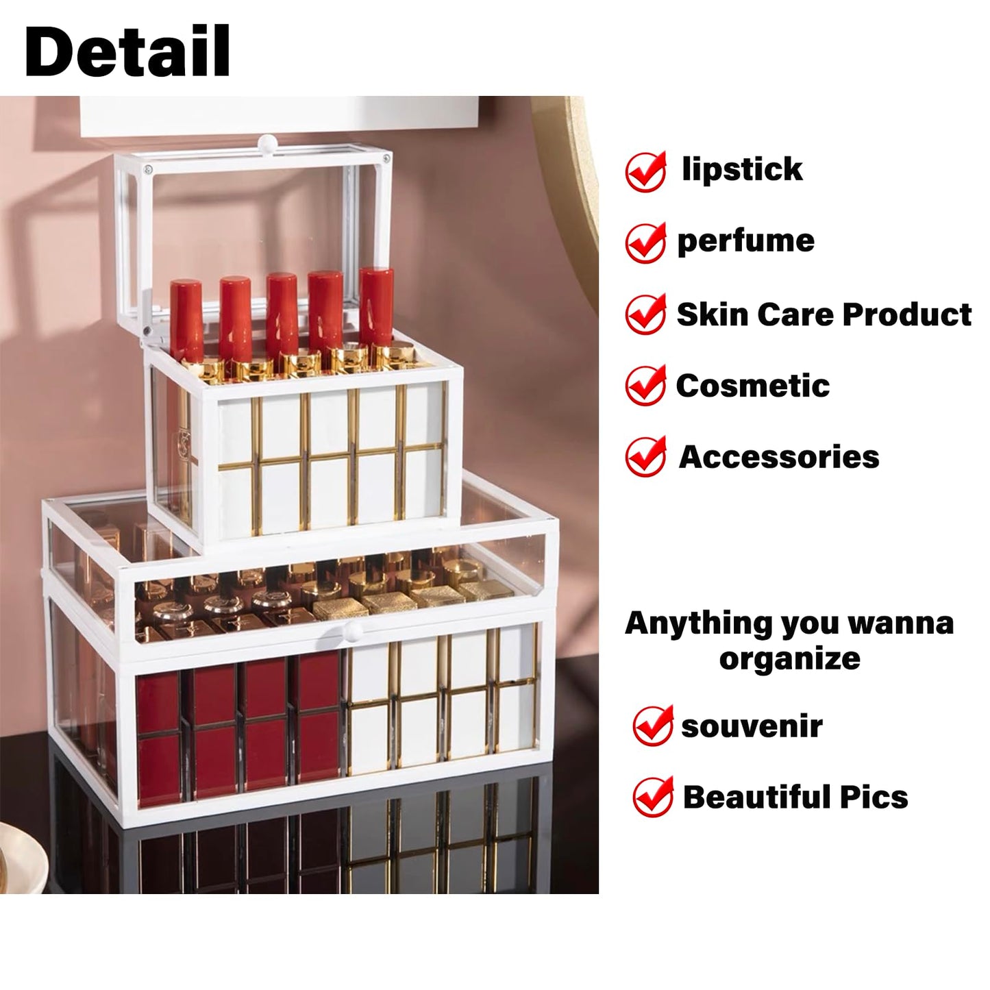 Krdrgey Glass Lipsticks Organizer, 8.9Inch x 5Inch x 5Inch Clear with Divider Included, Skin Care, Bottles, Perfume, Mascara, Lip Gloss, Samples, Life Supply Holder with Lid (white, large)