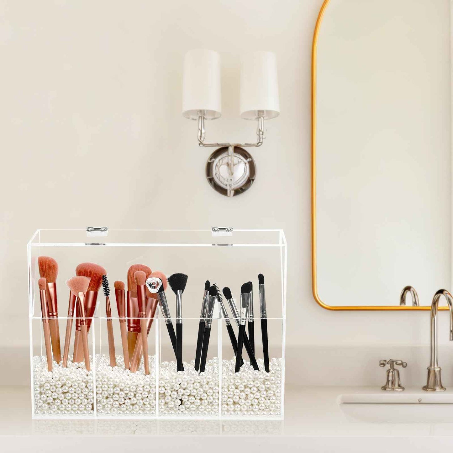 Vevitts Acrylic Makeup Organizer, Clear Cosmetic Brush Storage Box With 4 Brush Holders (Pearl not included),Makeup Brush Holder with Dust Cover, Large-capacity Split Design Organize the Desktop
