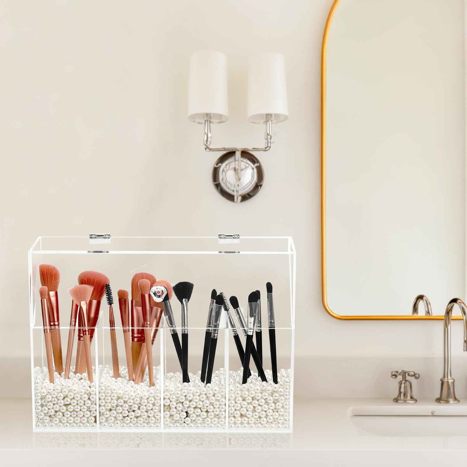 Vevitts Acrylic Makeup Organizer, Clear Cosmetic Brush Storage Box With 4 Brush Holders (Pearl not included),Makeup Brush Holder with Dust Cover, Large-capacity Split Design Organize the Desktop