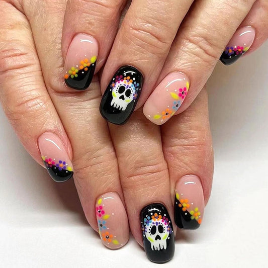 Halloween Press on Nails Medium Square Fake Nails Skull Acrylic Nails Black French Full Cover Nails Press ons Flowers Artificial Cute Halloween False Nails for Women Girl 24 Pcs