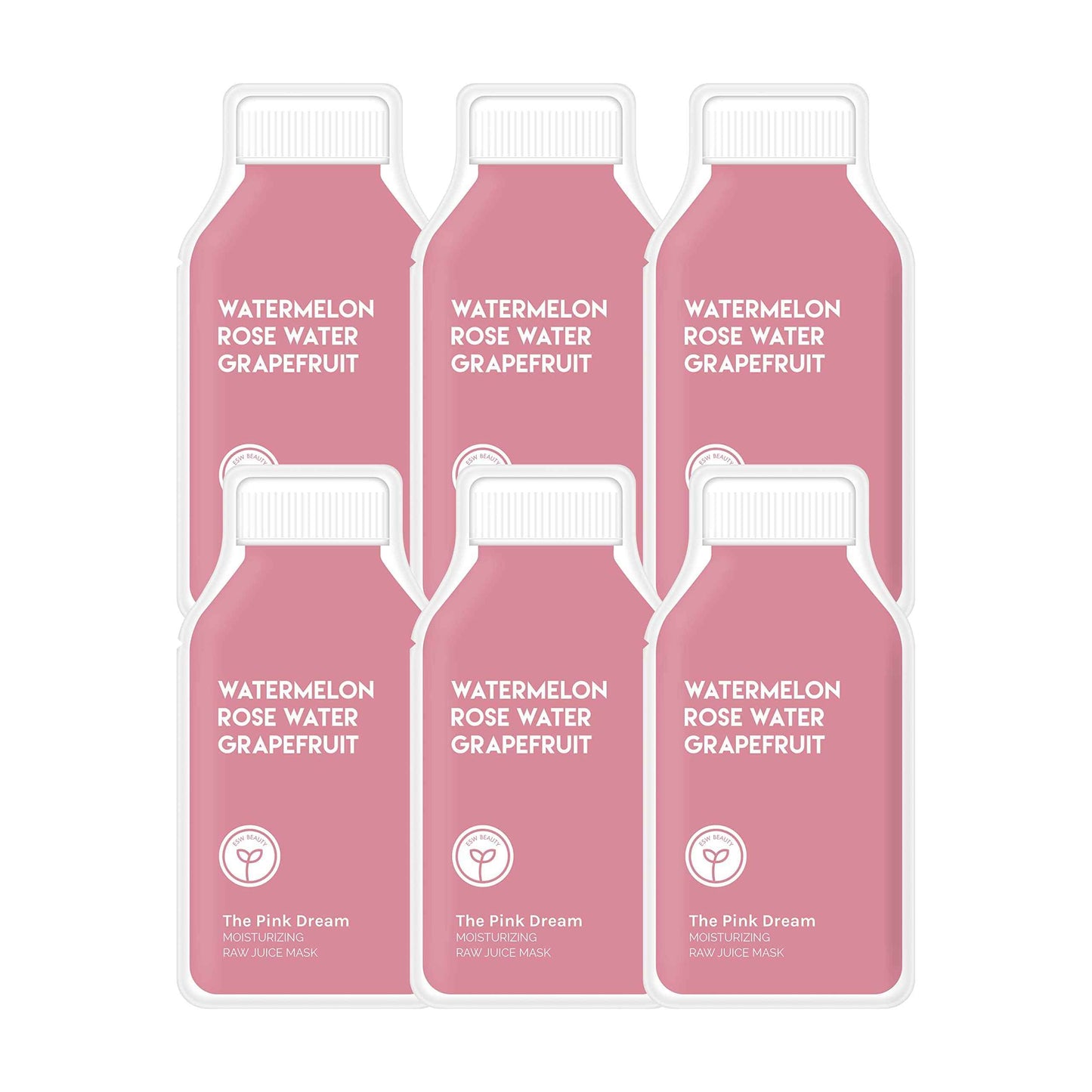 ESW Beauty The Pink Dream - Moisturizing Raw Juice Face Mask (6-Pack) - Hydrating with Watermelon, Rose Water & Grapefruit for Dry, Sensitive Skin - Vitamins C & E for Radiance