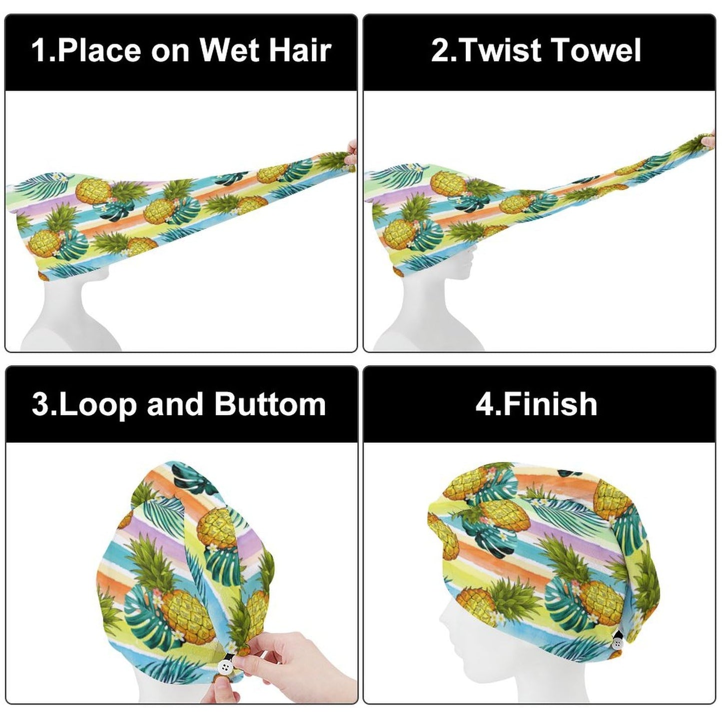 Siarnew Super Absorbent Quick Dry Microfiber Hair Towel with Button Hands Free, 10 x 26 Inches Ultra-Soft Anti Frizz Dry Hair Turban Pineapple 1PCS