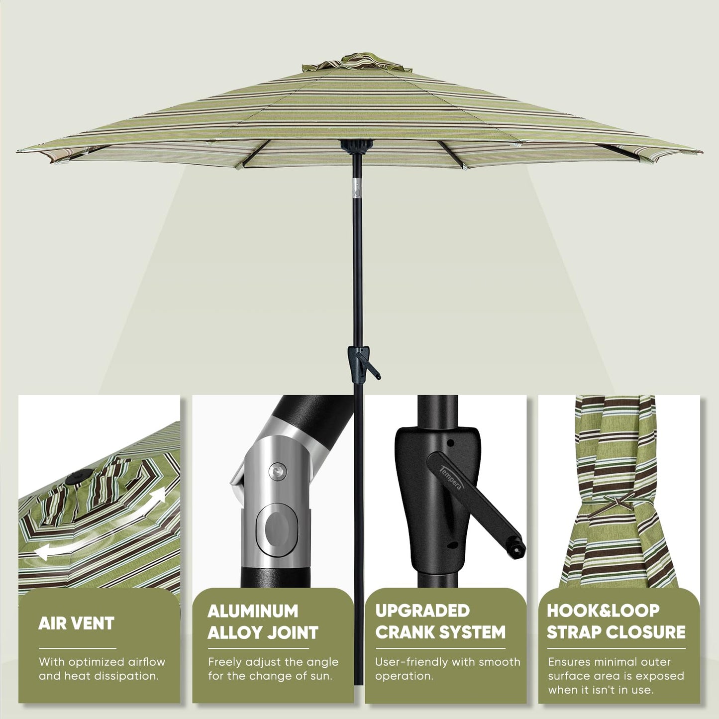 Tempera 9ft Patio Market Outdoor Table Umbrella with Push Button Tilt and Crank,Large Sun Umbrella with Sturdy Pole&Fade resistant canopy,Easy to set, Grass Stripe