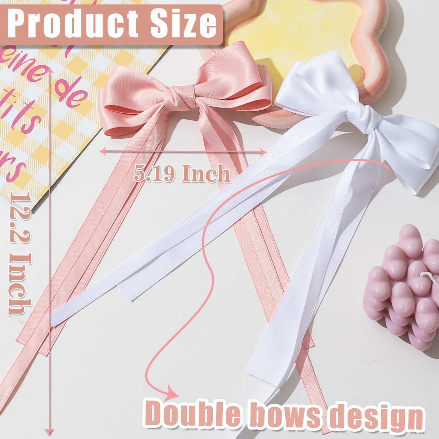 Large Hair Bows 2 PCS Ribbon Bow for Women,Hair Bows for Women,Oversized Long-tail Cute Aesthetic Hair Accessories,Large Hair Barrettes for Women,Big Bows for Girls（white, pink）