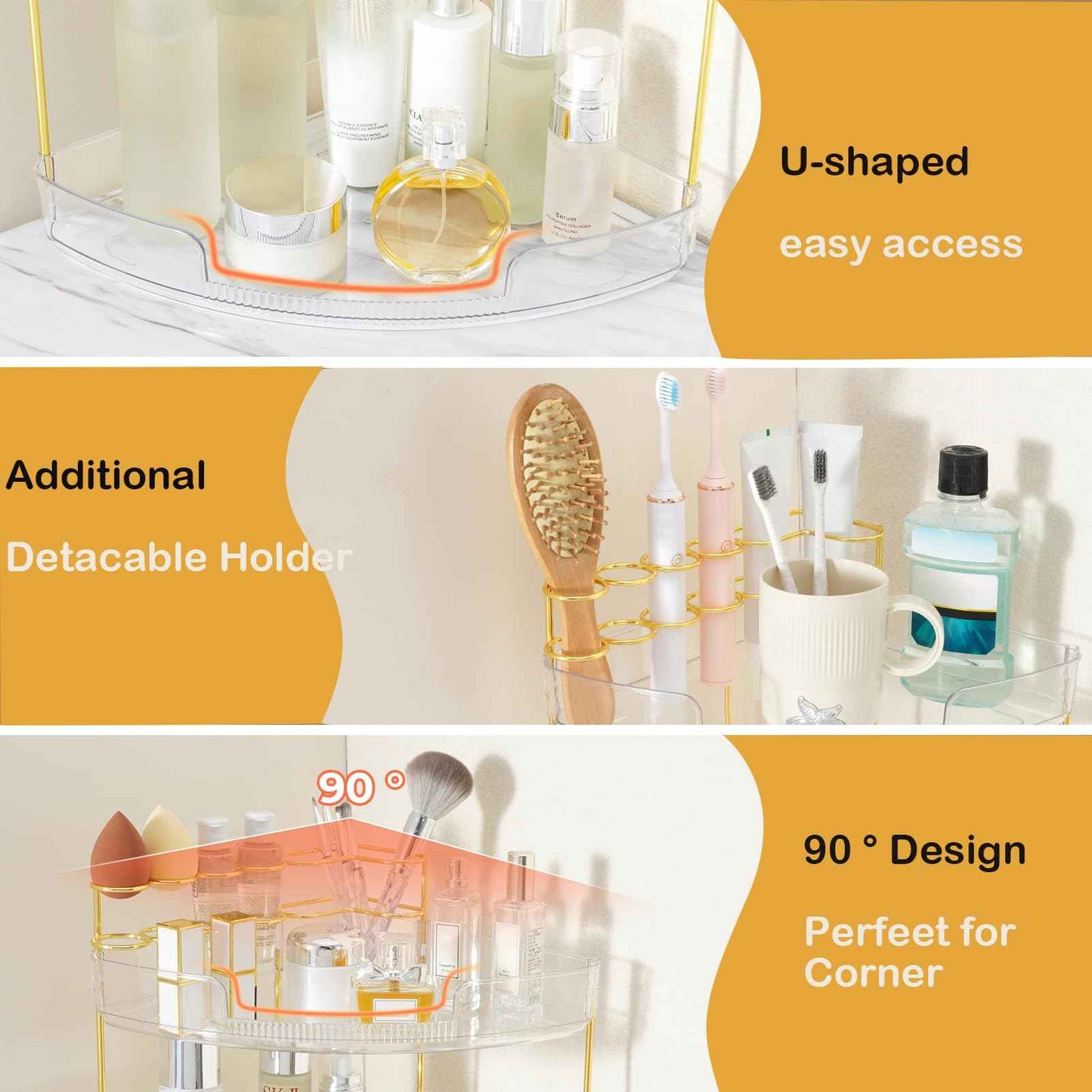 FELIZHOUSE 3-Tier Makeup Organizer for Vanity & Bathroom Countertop – Acrylic Storage Shelf with Perfume Tray & Makeup Brush Holder, Tool-Free Installation, Design for Bathroom & Dresser - Clear