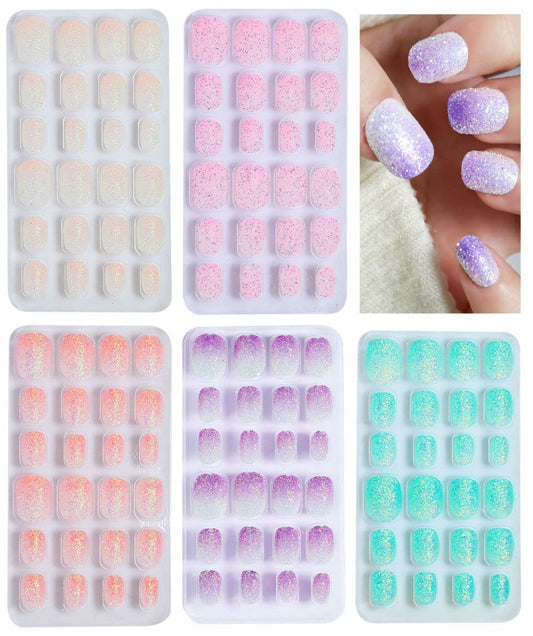 120pcs False Nails Press on Nails for Kids - Self-Adhesive Short Fake Artificial Full Cover Nail Art Kits Transation with Nail Glue Tabs for Girls Children (120pcs Sparkle Nails)