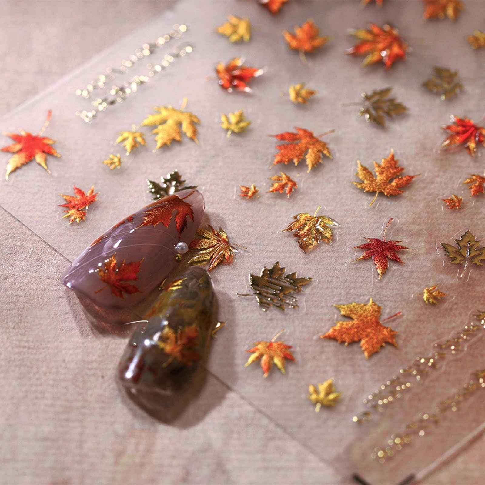 JMEOWIO 3D Embossed Fall Autumn Nail Art Stickers Decals Self-Adhesive 5D Maple Leaf Thanksgiving Nail Supplies Nail Art Design Decoration Accessories 1 Sheets
