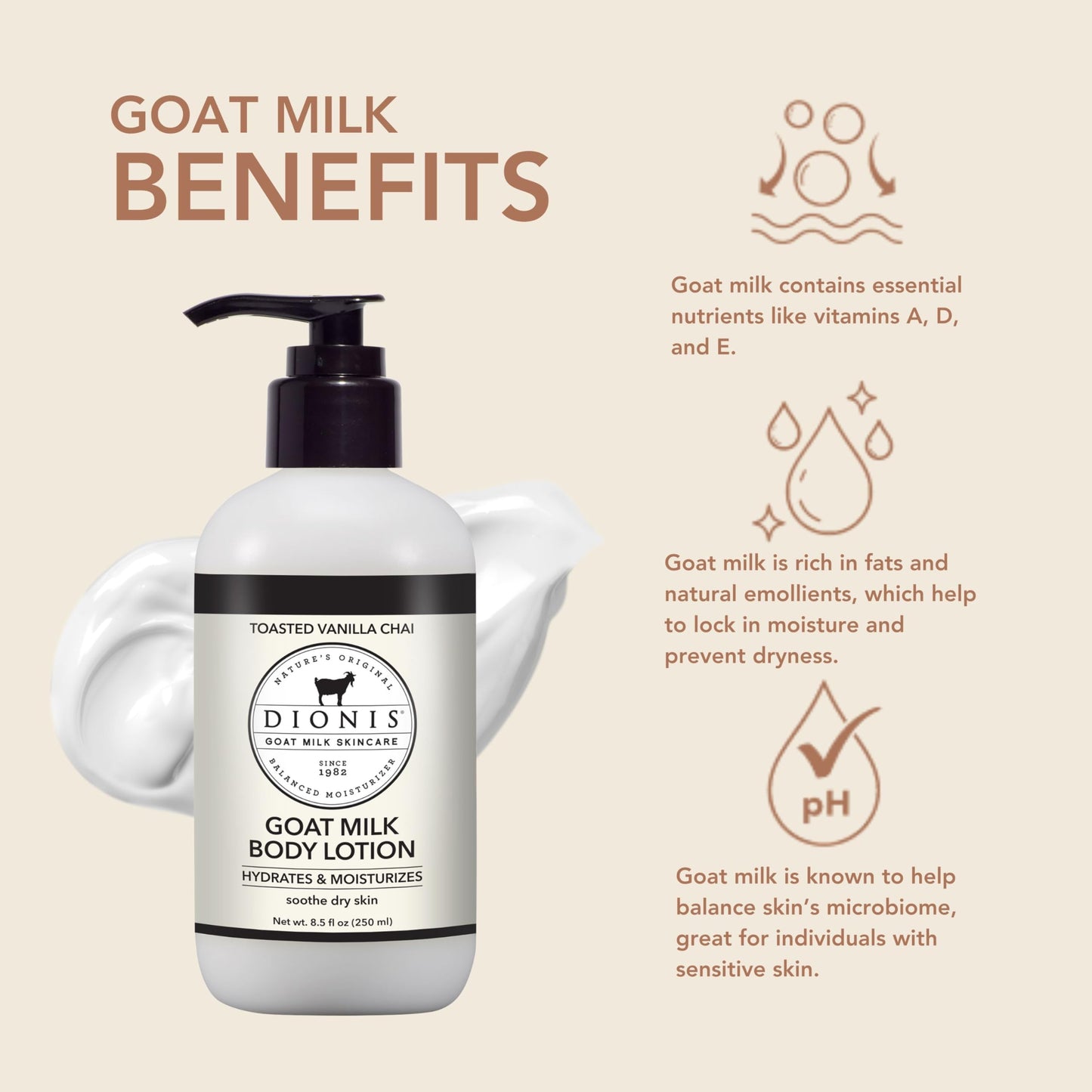 Dionis Goat Milk Skincare Bundle - Vanilla Chai Hand & Body Cream (3.3 oz Travel Size) & Body Lotion (8.5 oz Full Size), Moisturizing Set for Dry and Sensitive Skin, Cruelty-Free and Paraben-Free
