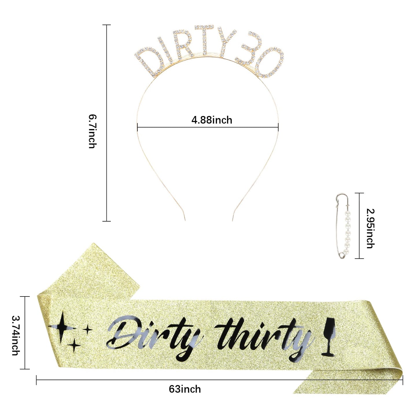 30th Birthday Sash & Rhinestone Dirty 30 Birthday Headband Kit- "Dirty thirty" Birthday Sash Happy 30th Birthday Decorations for Women 30th Birthday Gifts Party Decorations (Gold)