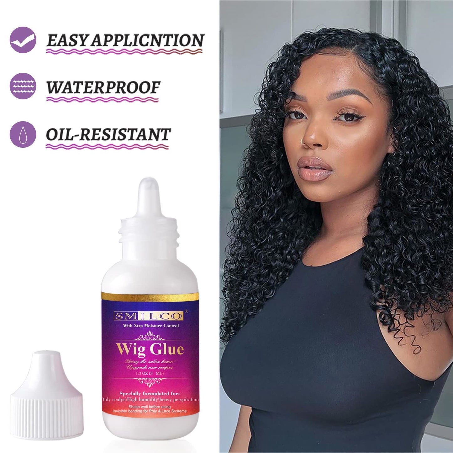 Wig Glue 1.3OZ, Waterproof Lace Front Wig Glue for Wigs, Transparent Lace Adhesive for Hair Replacement, Strong Hold