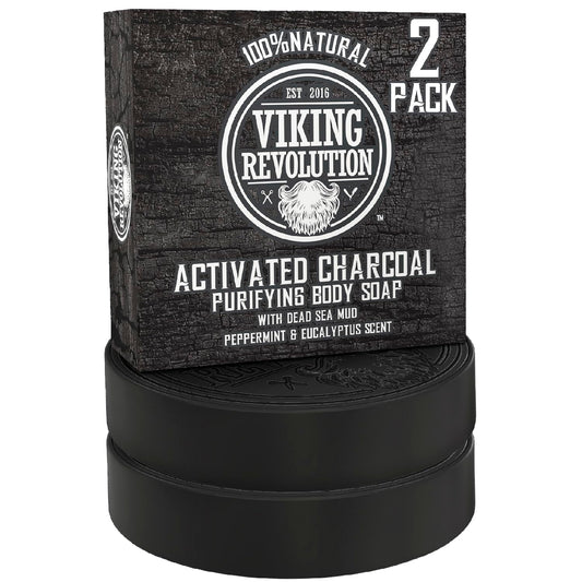 Viking Revolution Skin Cleaning Agent Activated Charcoal Soap for Men w/Dead Sea Mud, Body and Face, Cleanser,Cleansing Blackheads - Peppermint & Eucalyptus Scent 0.7 Fl Oz (Pack of 2)