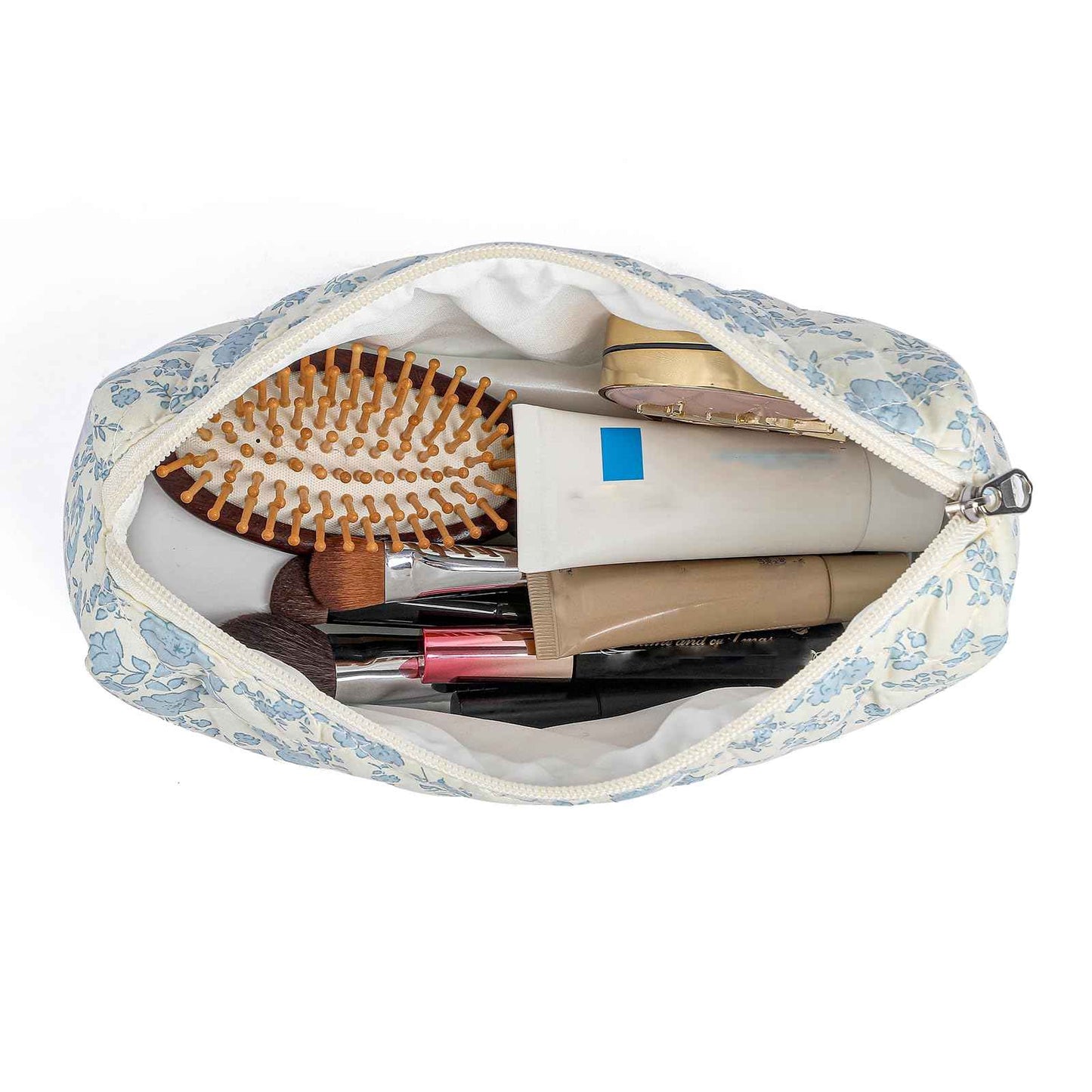 HHQQWZ Large Travel Makeup Bag Cosmetic Bag for Women Girls, Cute Large Floral Cotton Cosmetic Bag, Zipper Toiletry Bag Makeup Brushes Accessories Organizer Storage Bag (Blue Floral)