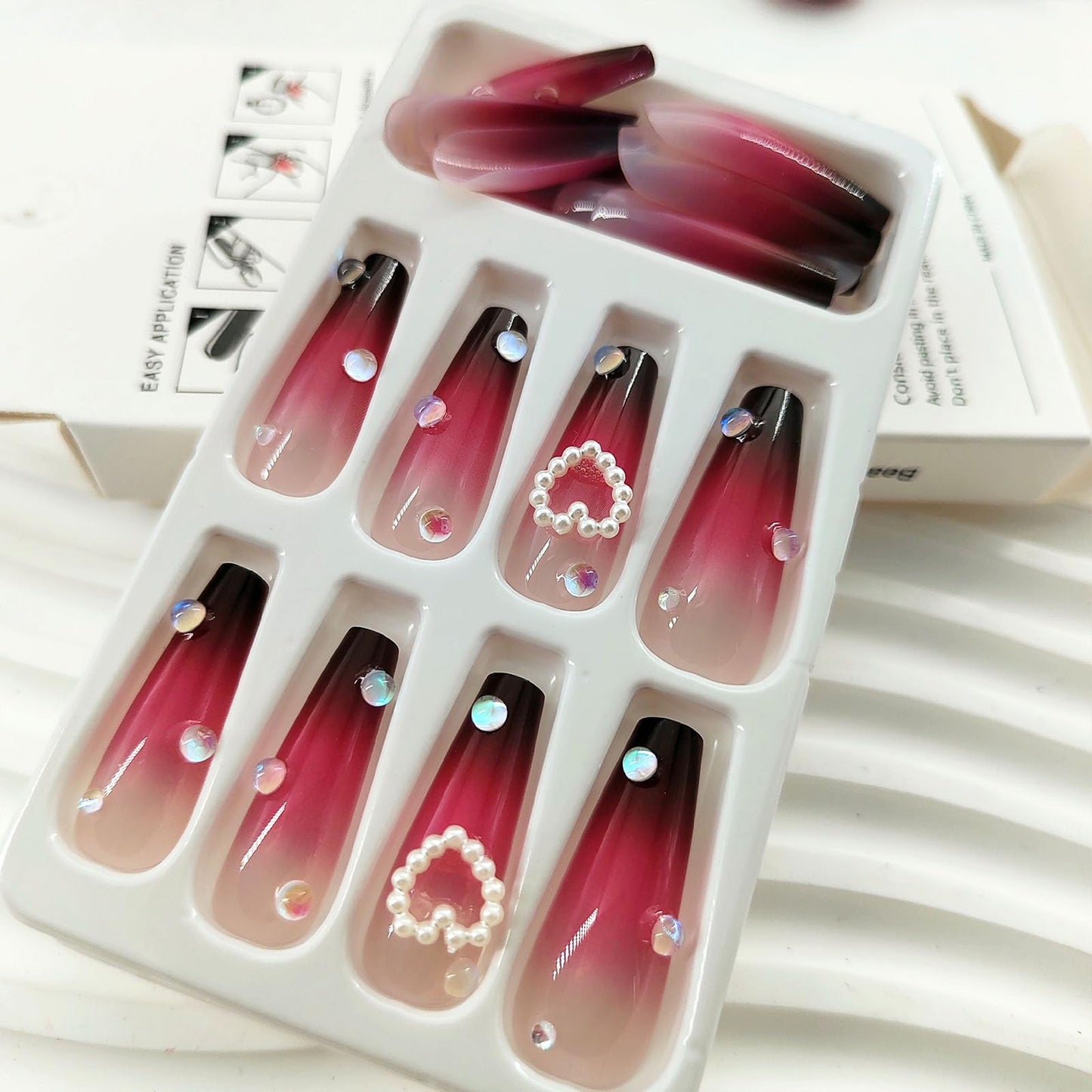 Press on Nails Long Coffin Fake Nails with Heart Shaped Pearl Rhinestones Designs Dark Red Gradient Glue on Nails Glossy Valentines False Nails Press ons for Women 24 Pcs