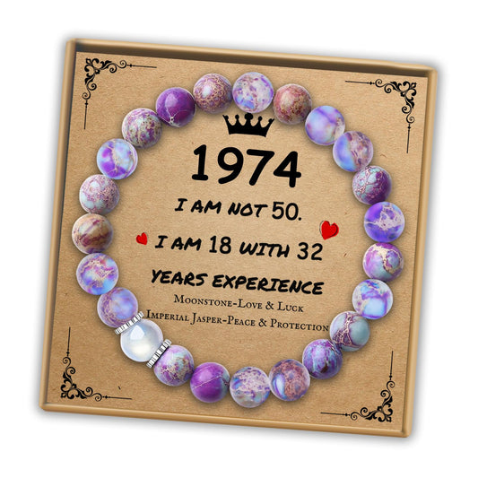 Sereney Happy 50th Birthday Gifts for Her, Natural Stone Bracelet As 50th Birthday Gifts for Women Funny, 1974 Birthday Moonstone Bracelet as Cool Gifts for 50 Year Old Women Mom Sister Grandma Friend