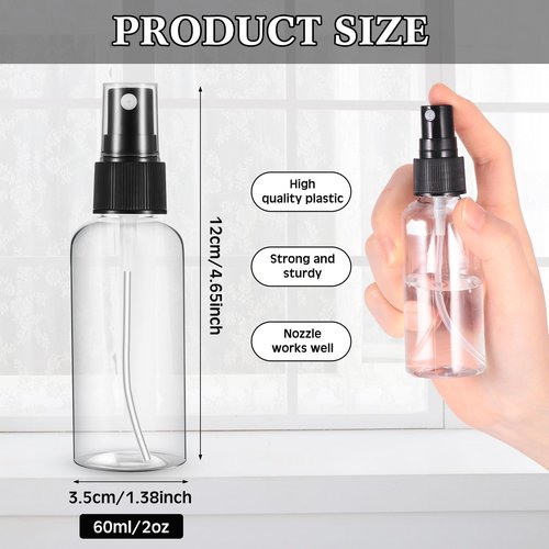 Roshtia 100 Pcs 2 oz Plastic Spray Bottles Mini Spray Bottles with Black Cap Clear Empty Fine Mist Spray Bottles Refillable Liquid Container Sprayer for Essential Oils Perfumes Travel Makeup
