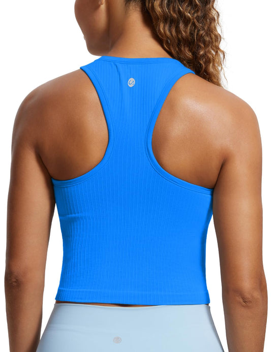 CRZ YOGA Womens Seamless Ribbed Longline High Neck Sports Bra - Racerback Padded Slim Fit Crop Tank Top with Built in Bra Sparkle Blue XX-Small