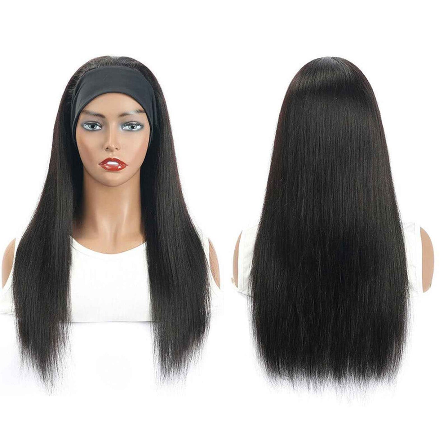 Headband Wig Human Hair Straight Virgin Brazilian Machine Made Wigs None Lace Front Wigs Glueless Human Hair Wig for Black Women 150% Density Natural Color 16 Inch