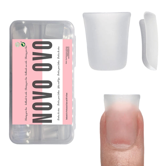 NOVO OVO Duck Nail Tips Extra Short Full Cover Press on, Pre-etched for Acrylic Design, Clear Pre-applied Tip Primer Soft Gel Y2K Flare Fake False Nail Extension Full Coverage x 12 Sizes 120 pcs