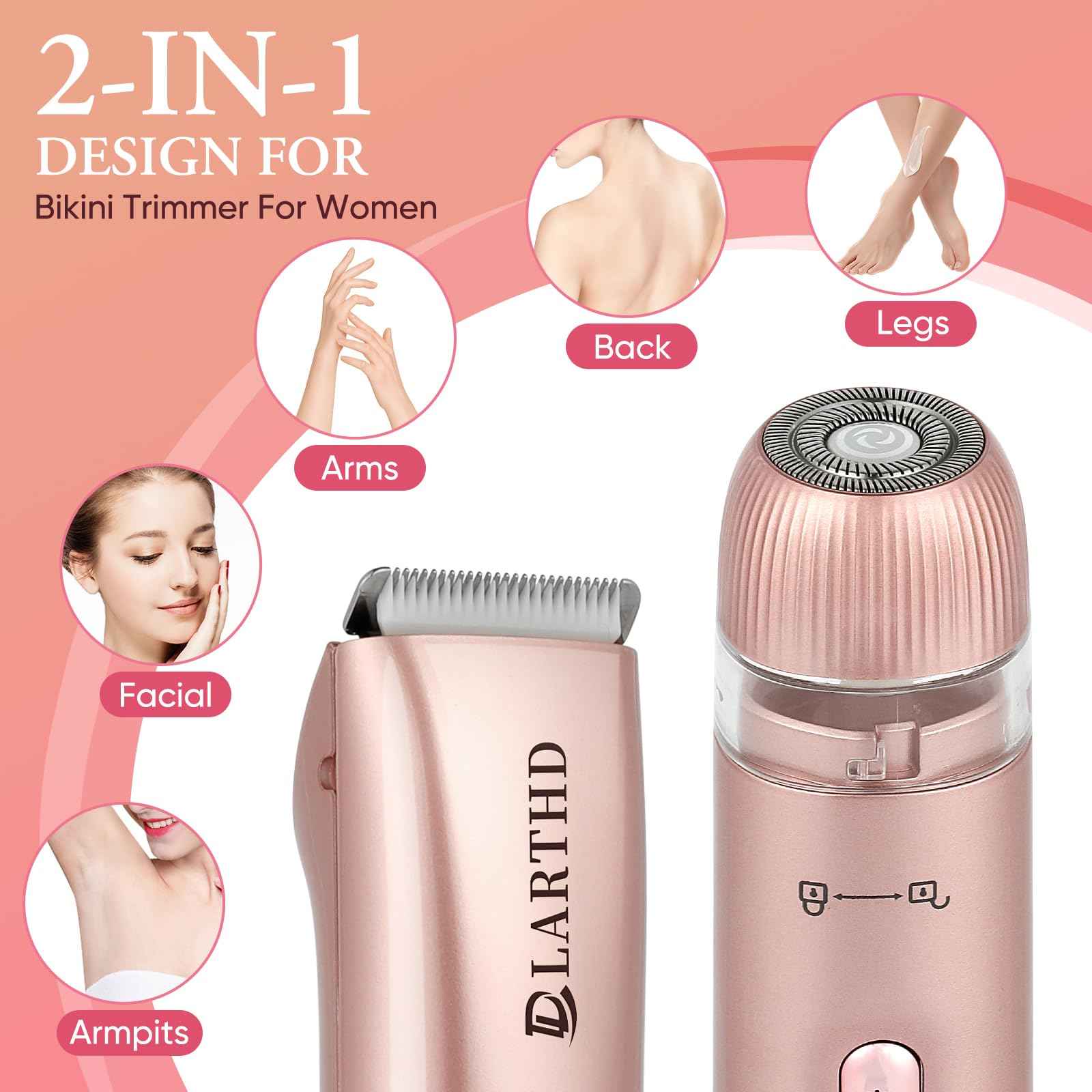 LARTHD 2 in 1 Women Electric Shaver Dual Head Bikini Trimmer for Women IPX7 Waterproof Wet & Dry Use Body Hair Trimmer and Facial Hair Remover for Bikini Underarm Leg Arm Body Face