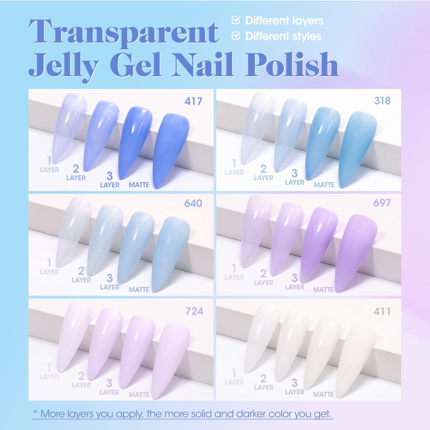 Gellen Gel Nail Polish Set - 6 Colors Jelly Gel Polish Set Milky White Sheer Blue Purple Gel Polish Nail Kit for Summer Nail Art Gifts for Women