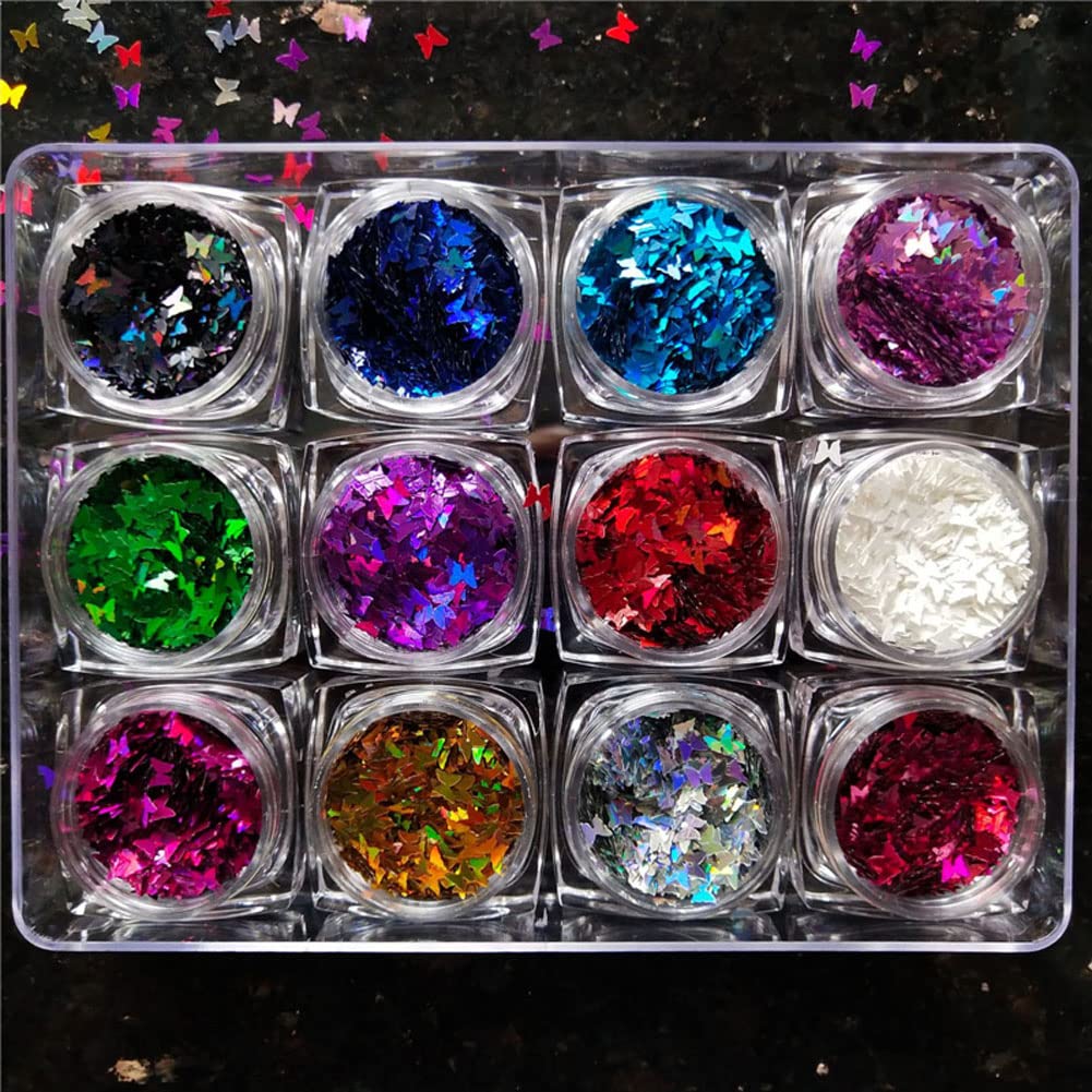 Minejin Nail Art Glitter Sequins Butterfly Shinning Acrylic 3D Flakies Stickers Tips Decoration 12 Color