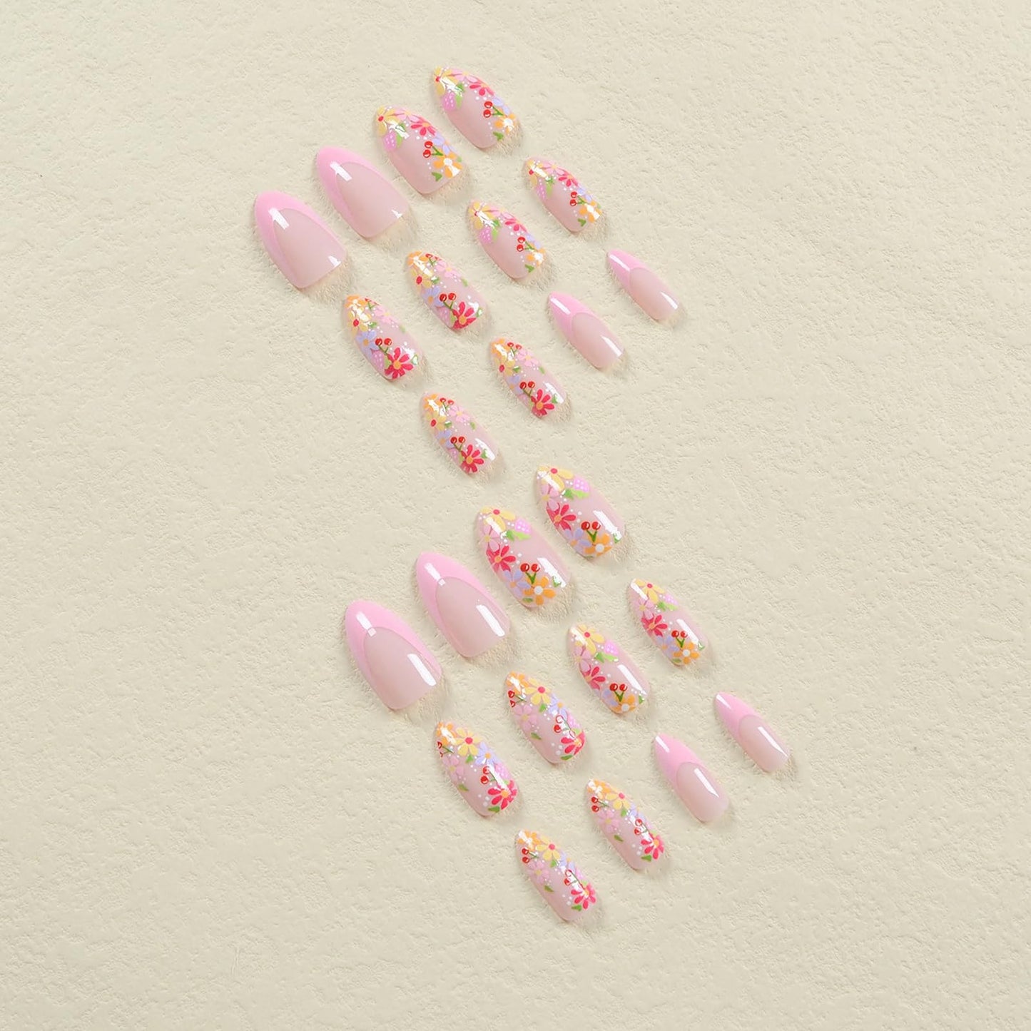 MISUD Press on Nails Medium Almond Fake Nails Glossy Glue on Nails Summer Flower Acrylic Nails Stiletto Artificial Nails Pink French Tip Stick on False Nails with Design 24 pcs