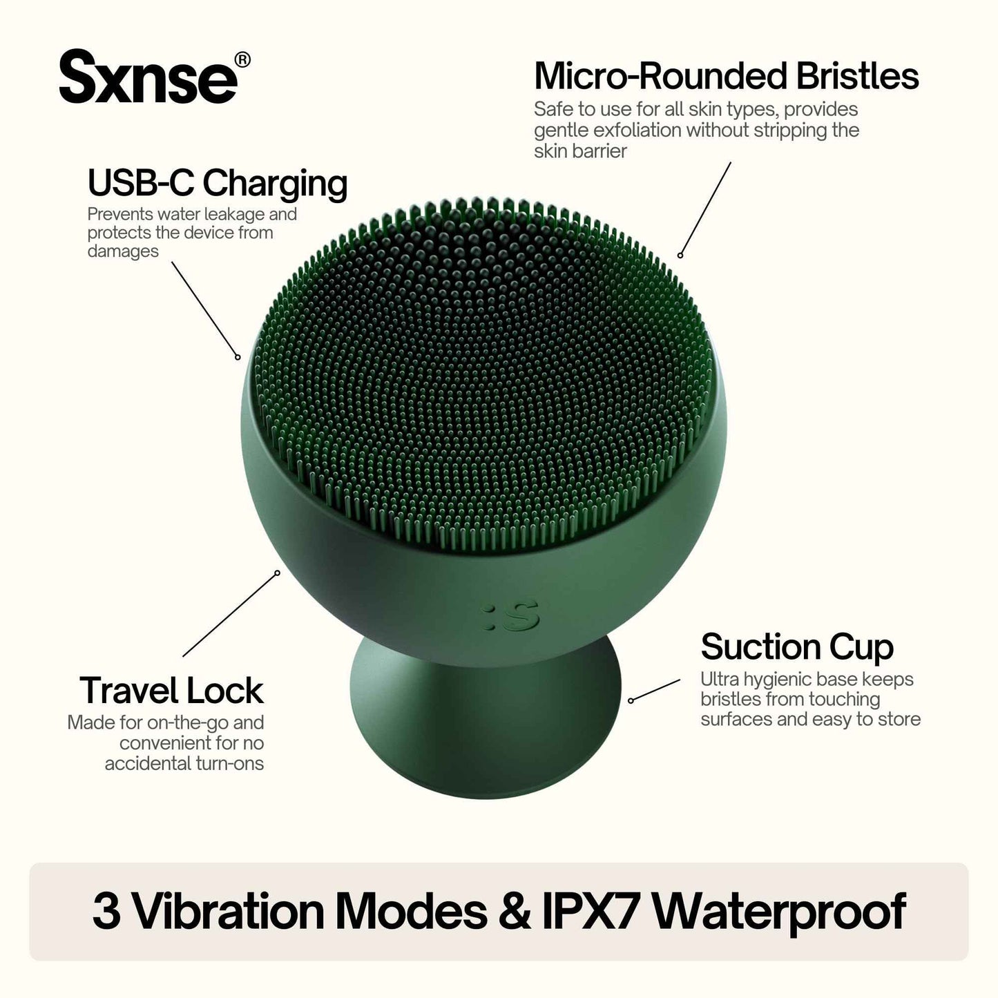 Palm Face Clean Pro⁺ - Electric Face Scrubber for Acne - IPX7 Waterproof and Rechargeable Silicon Face Exfoliator with Slip-Free Grip, 3 Speed Setting - Free from phthalates - Forest