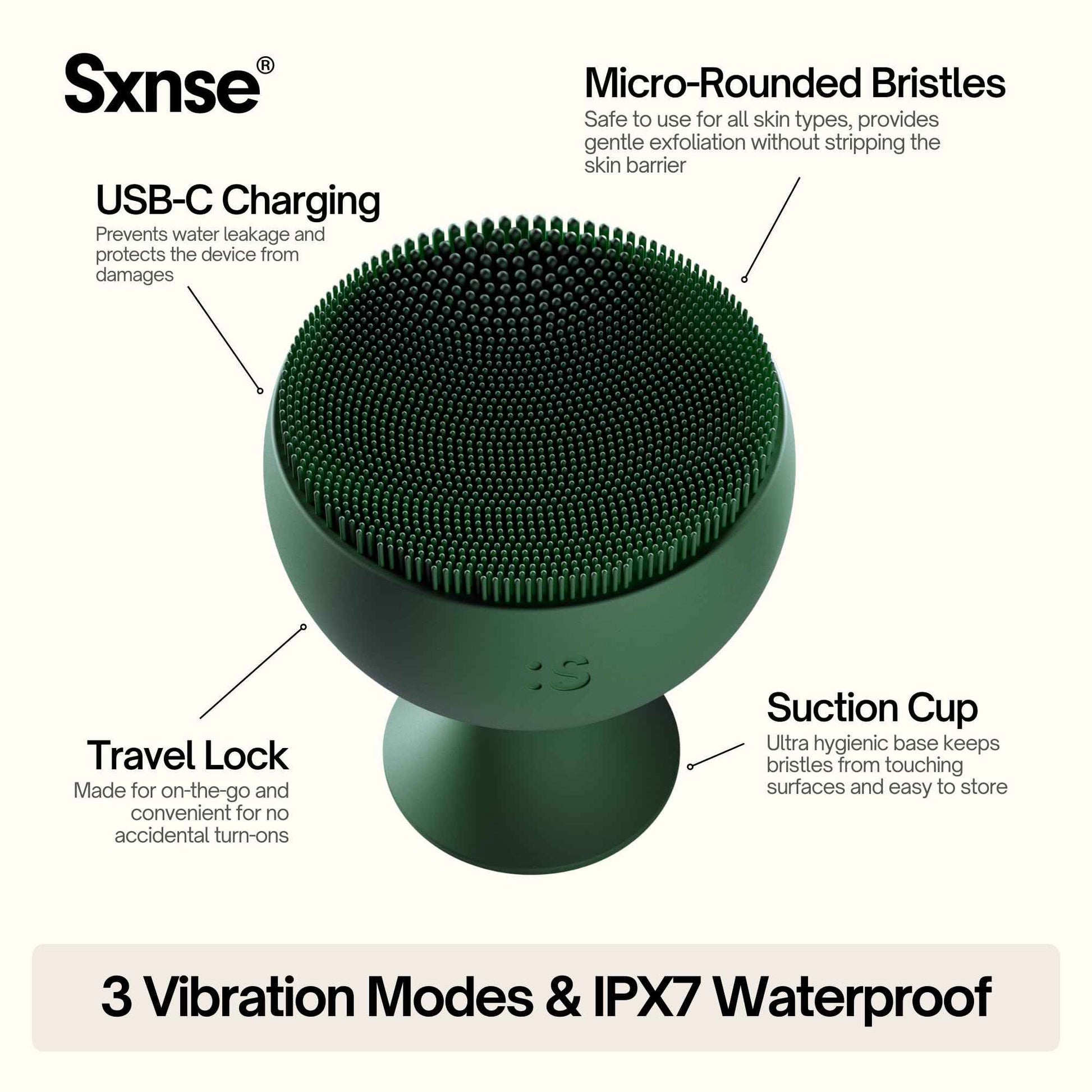 Palm Face Clean Pro⁺ - Electric Face Scrubber for Acne - IPX7 Waterproof and Rechargeable Silicon Face Exfoliator with Slip-Free Grip, 3 Speed Setting - Free from phthalates - Forest