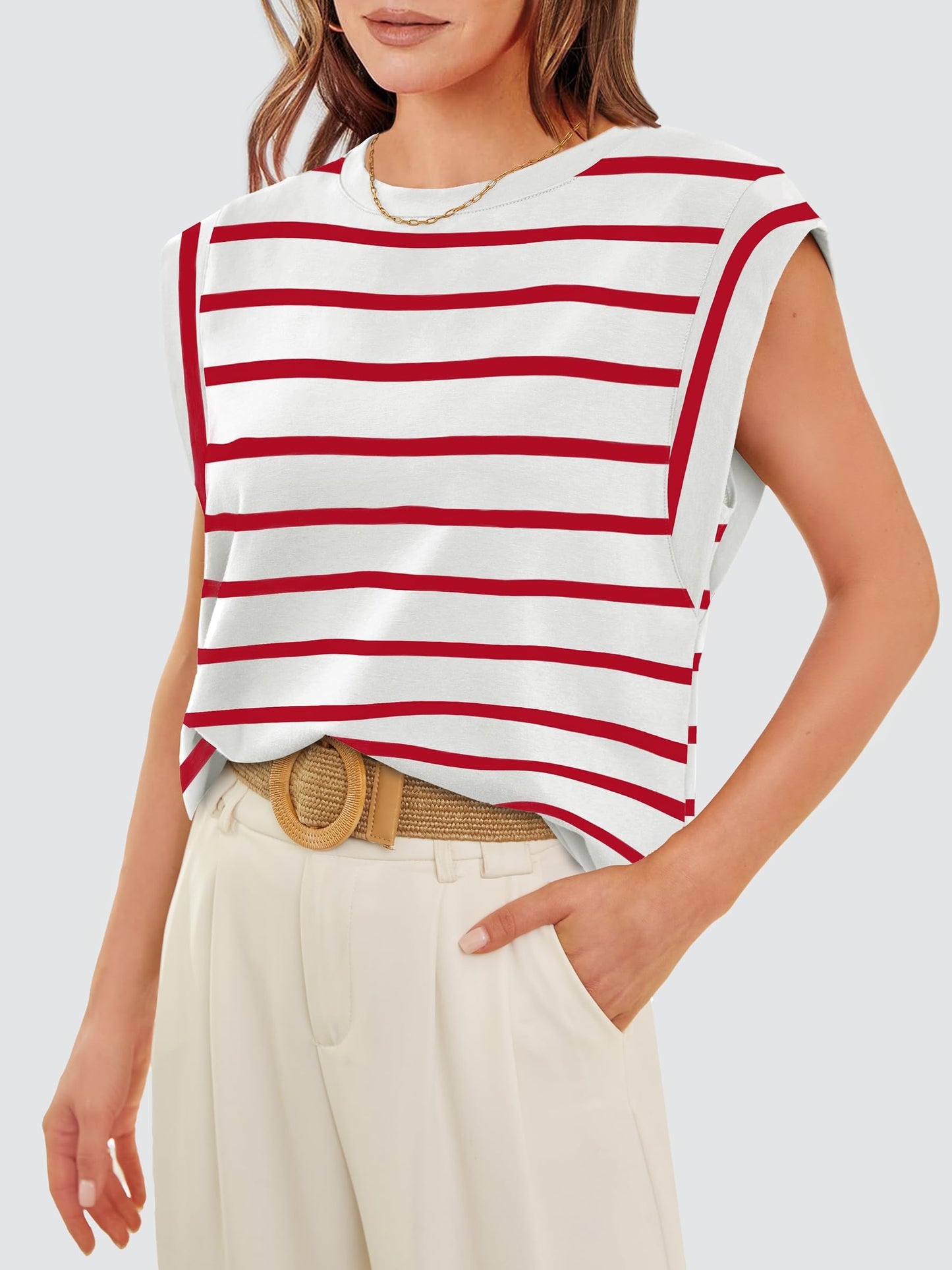 WIHOLL Tank Tops for Women Red and White Striped Shirt Basic Tee Soft Trendy Summer Outfits Fashion Clothes 2024 S