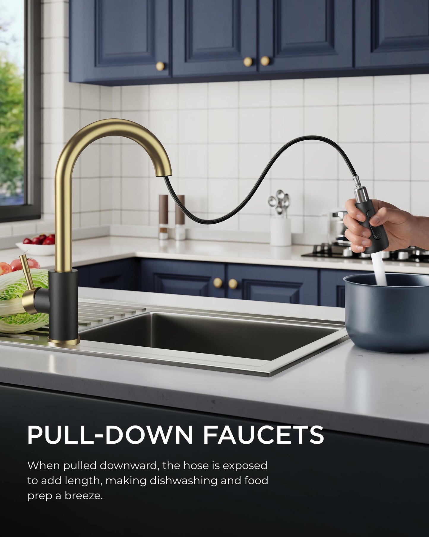 FORIOUS Kitchen Faucets, Kitchen Faucet with Pull Down Sprayer, High Arc Single Handle Stainless Steel Sink Faucet 1 or 3 Hole, Classic Kitchen Sink Faucets for Farmhouse Camper Laundry Rv, Black Gold