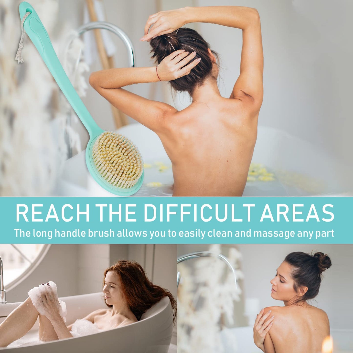 Olpchee Long Handle Bath Shower Body Brush Back Scrubber with Super Soft Nylon Bristles (Blue)