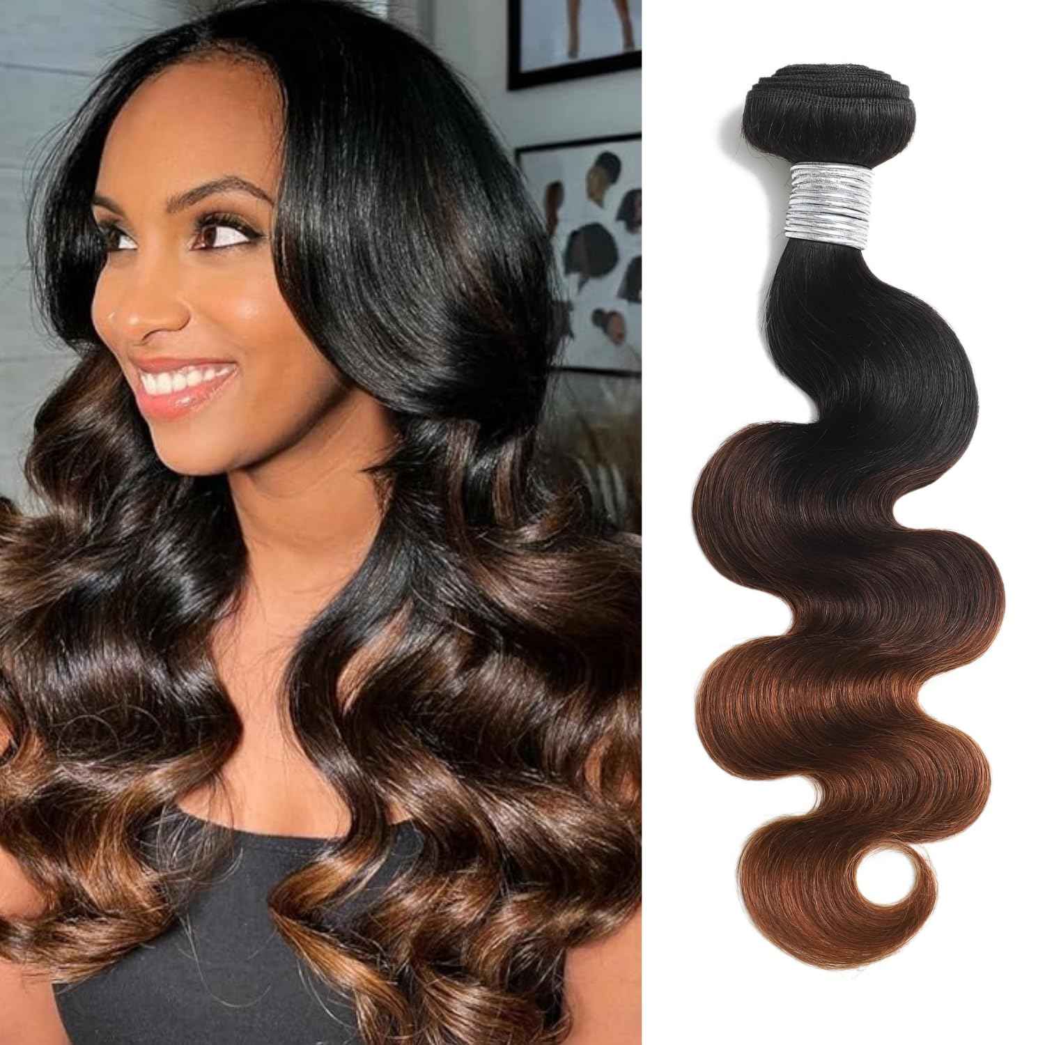 ANMETAN Chestnut Brown Ombre Color T1B/2/30 Human Hair Body Wave Single Bundle, Thick 12A Brown 3 Tone Ombre Bundles With Dark Roots 100% Remy Hair Wavy Sew In Quick Weave Keep Soft after Washes 12 IN