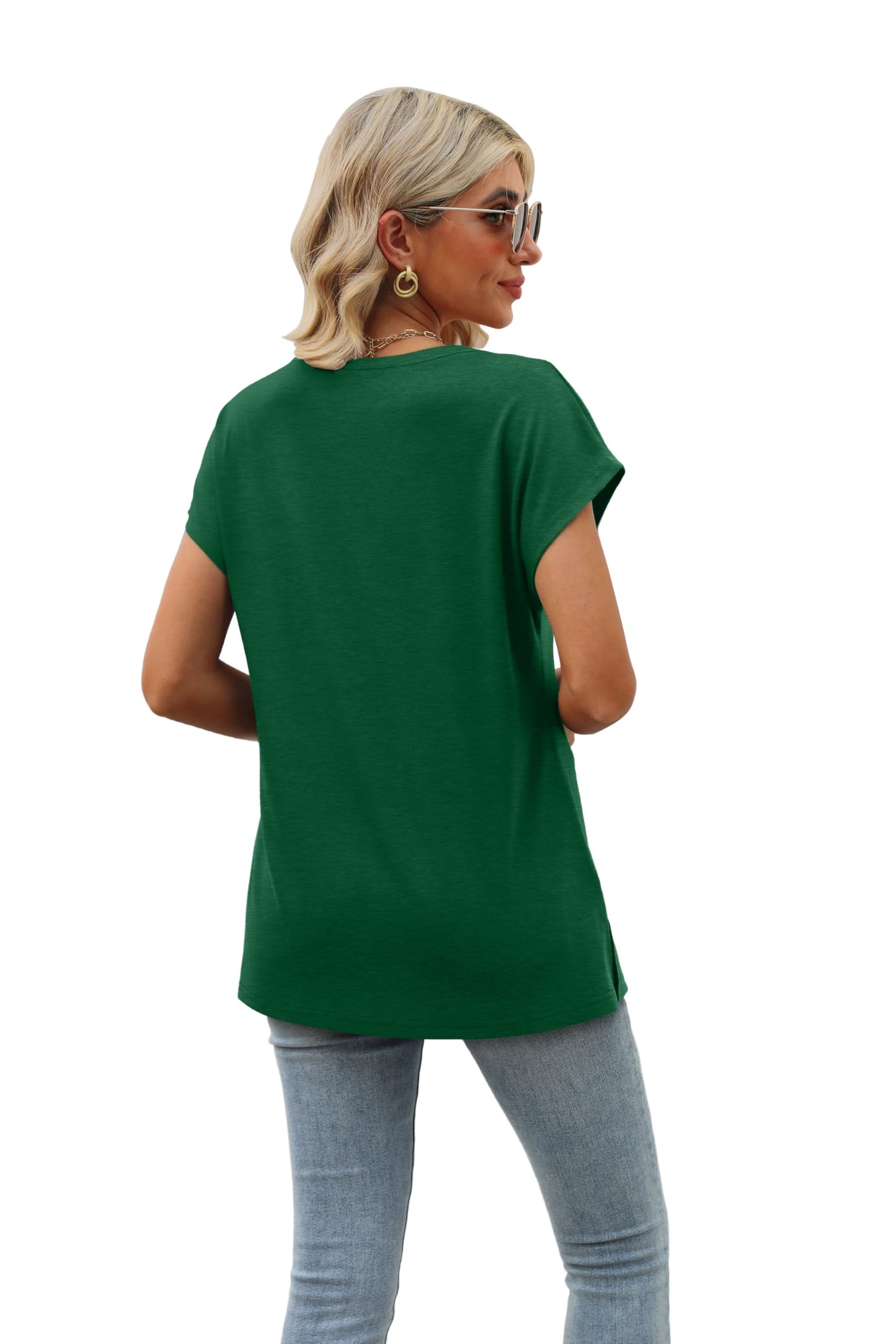 Womens Short Sleeve Summer Tops Trendy Tank Tops V Neck Loose Fit Shirts Green S