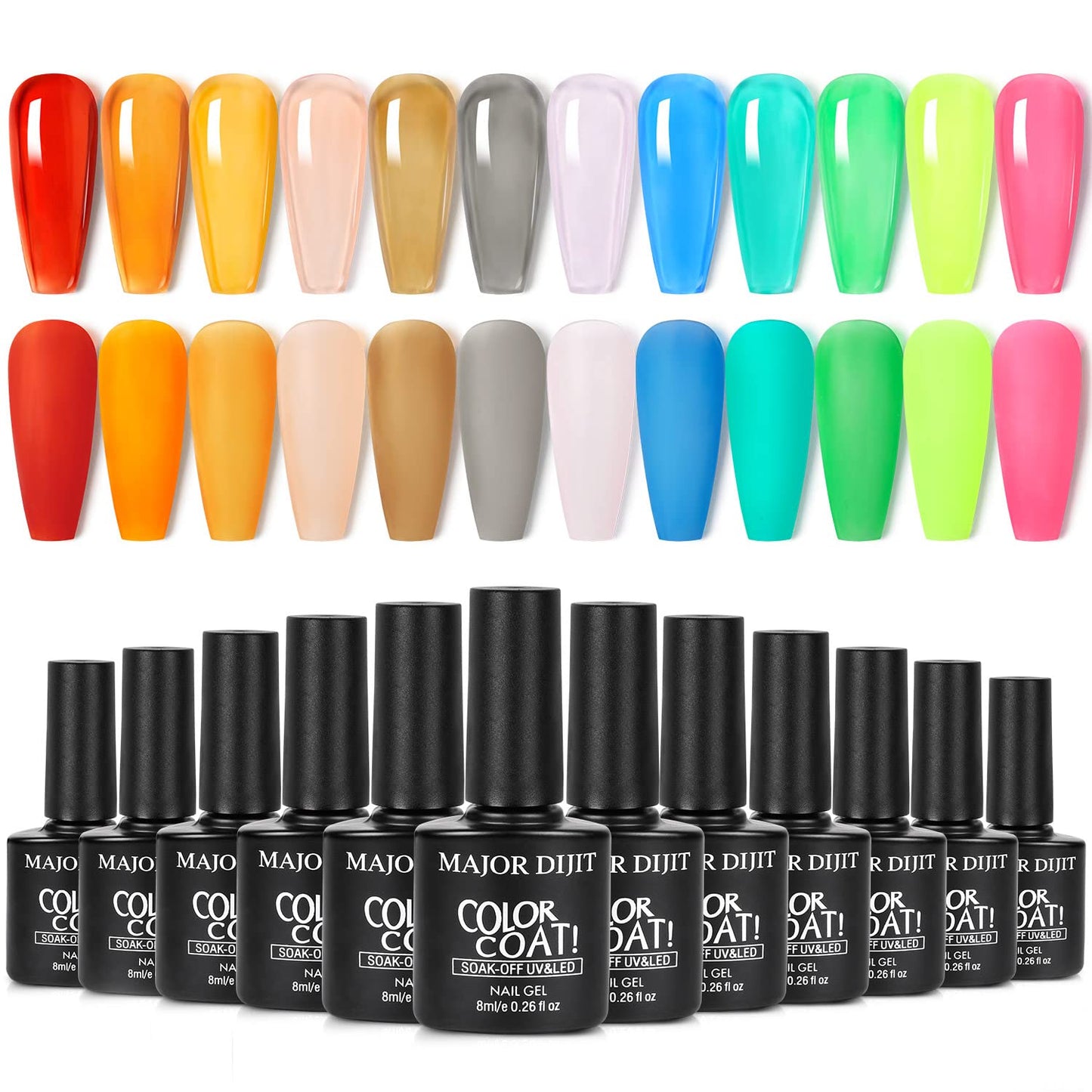 Major Dijit 12 Color Jelly Gel Nail Polish Set Blue Red Purple Rainbow Neon Yellow Green Orange Summer Crystal Glass Gel Polish Translucent Soak Off UV 8ML Nail Gel