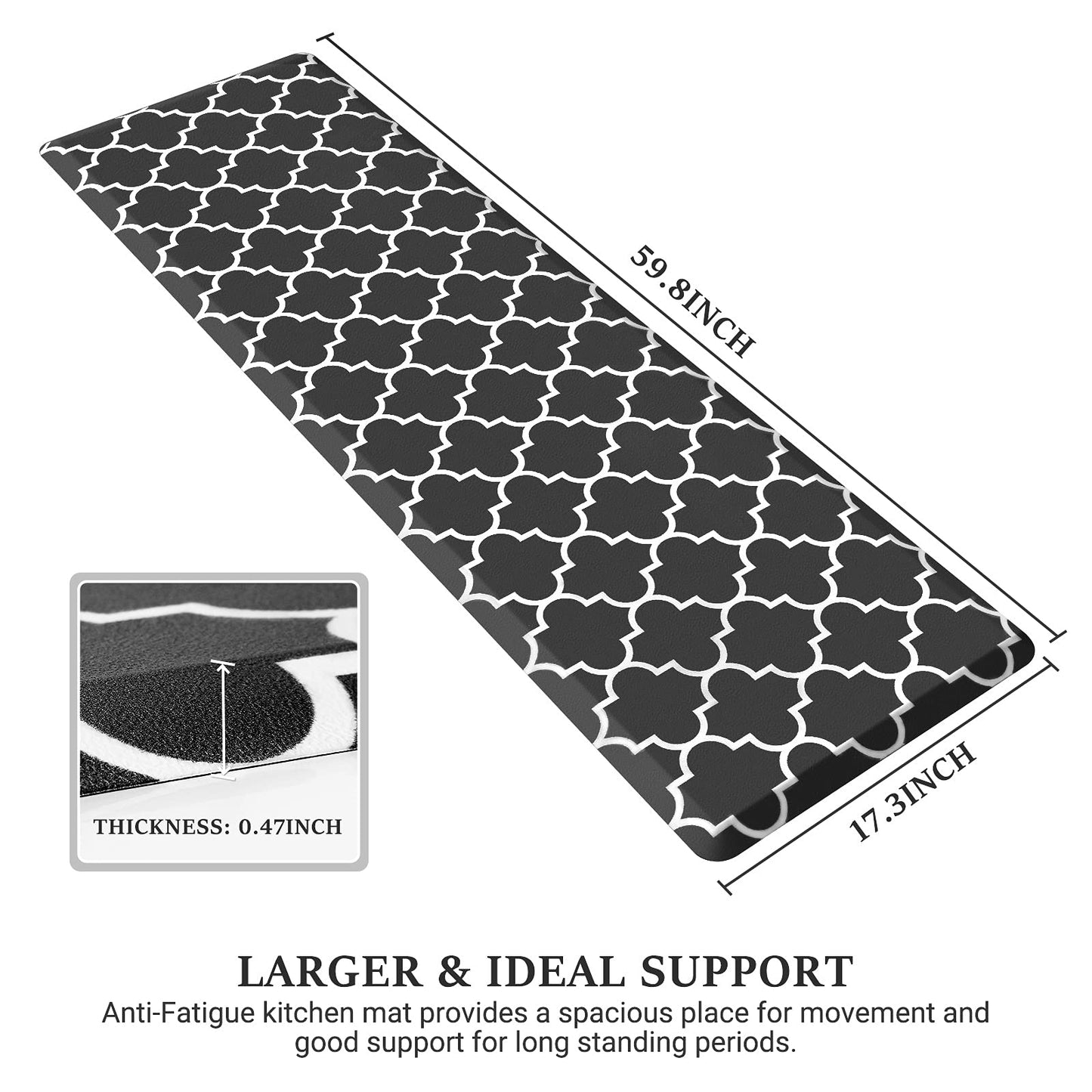 WISELIFE Kitchen Mat Cushioned Anti-Fatigue Kitchen Rug,17.3"x 60",Non Slip Waterproof Kitchen Mats and Rugs Heavy Duty PVC Ergonomic Comfort Mat for Kitchen, Floor Home, Office, Sink, Laundry,Black