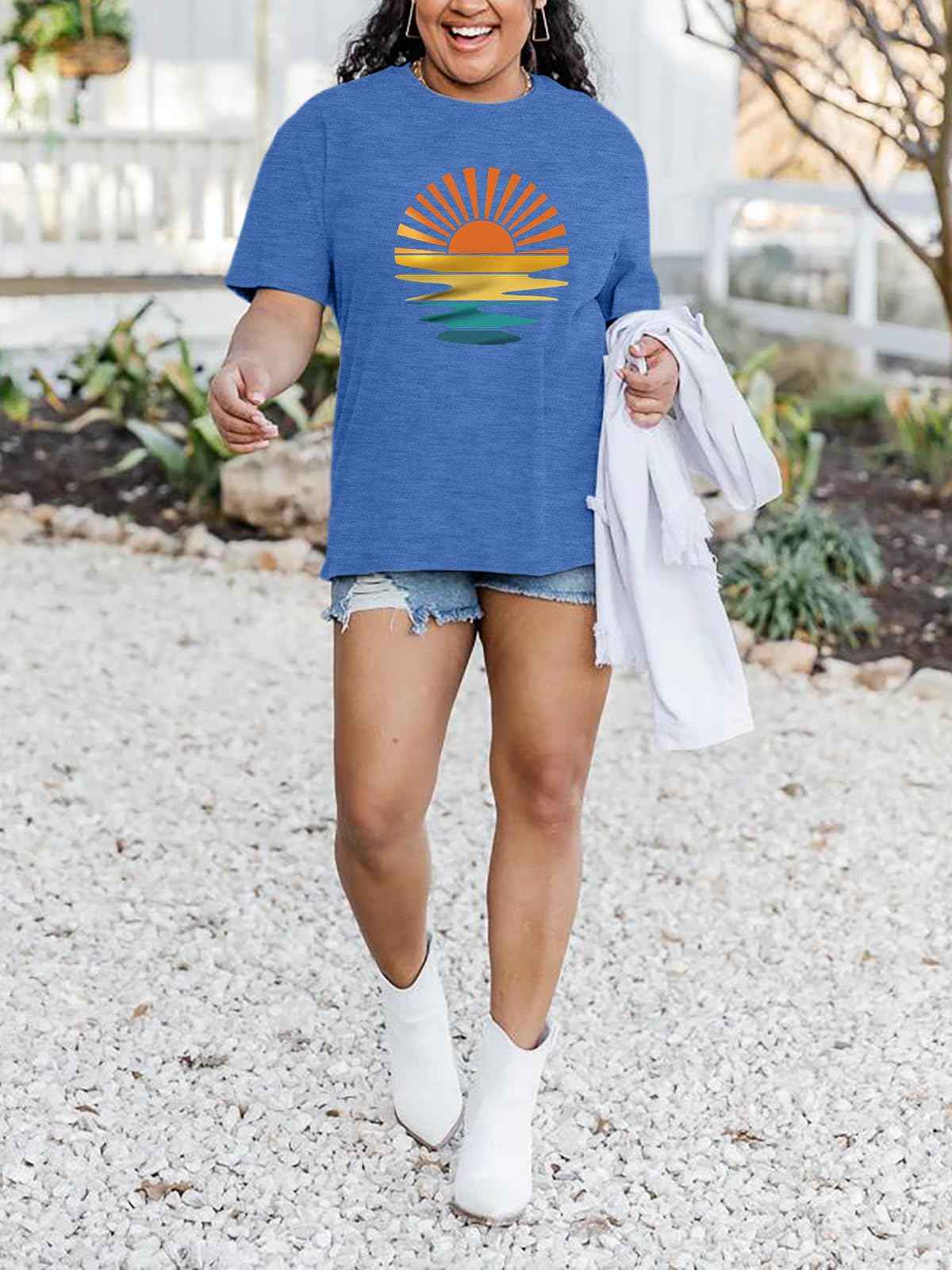 Women Sunrise Sunset T-Shirt Funny Graphic Casual Short Sleeve Tee Nature Travel Shirt Tops