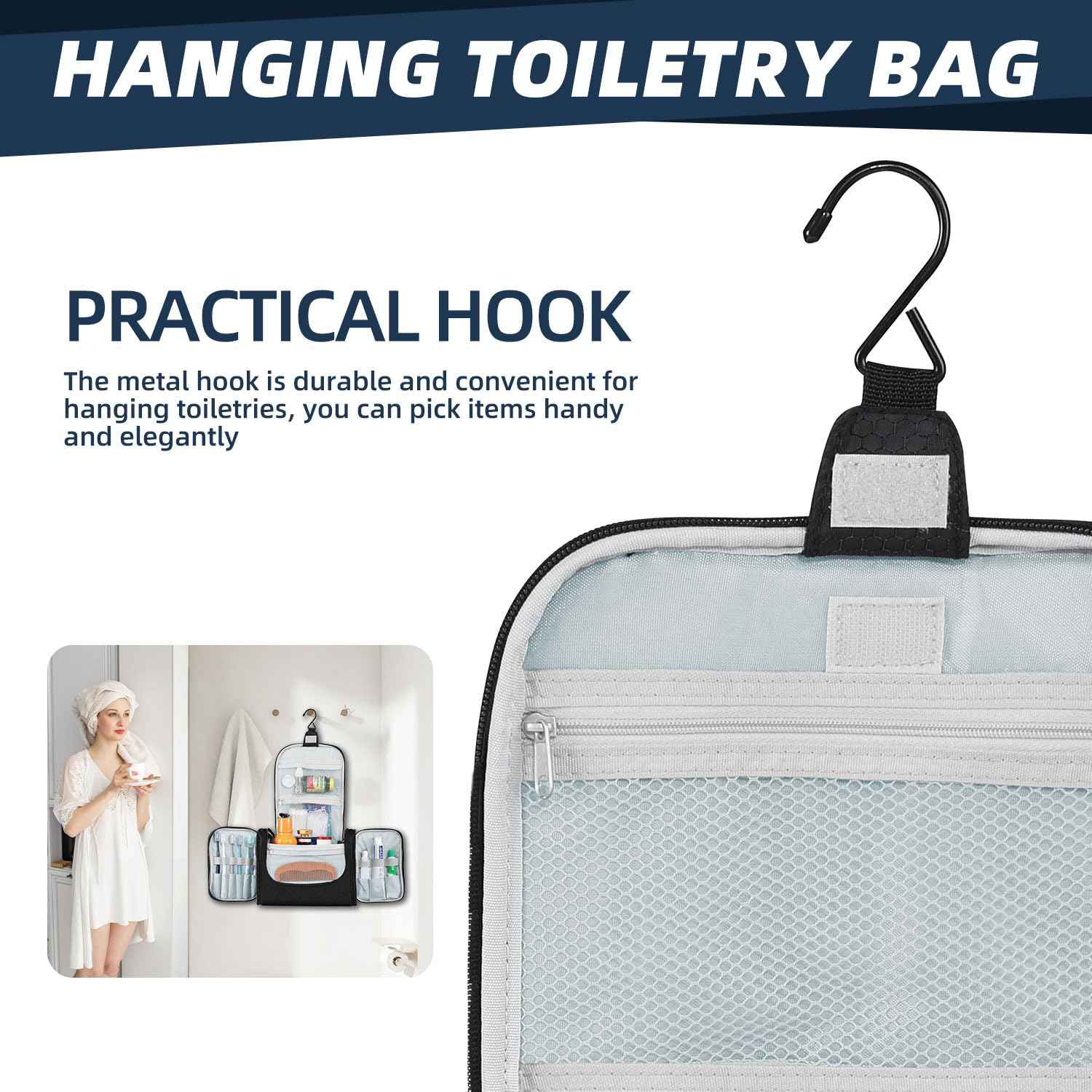 Buruis Large Capacity Toiletry Bag for Women and Men, Hanging Toiletry Organizer Cosmetics Makeup Bag, Water-resistant Dopp Kit Shaving Bags for Full Sized Toiletries, Travel Essentials (Black)