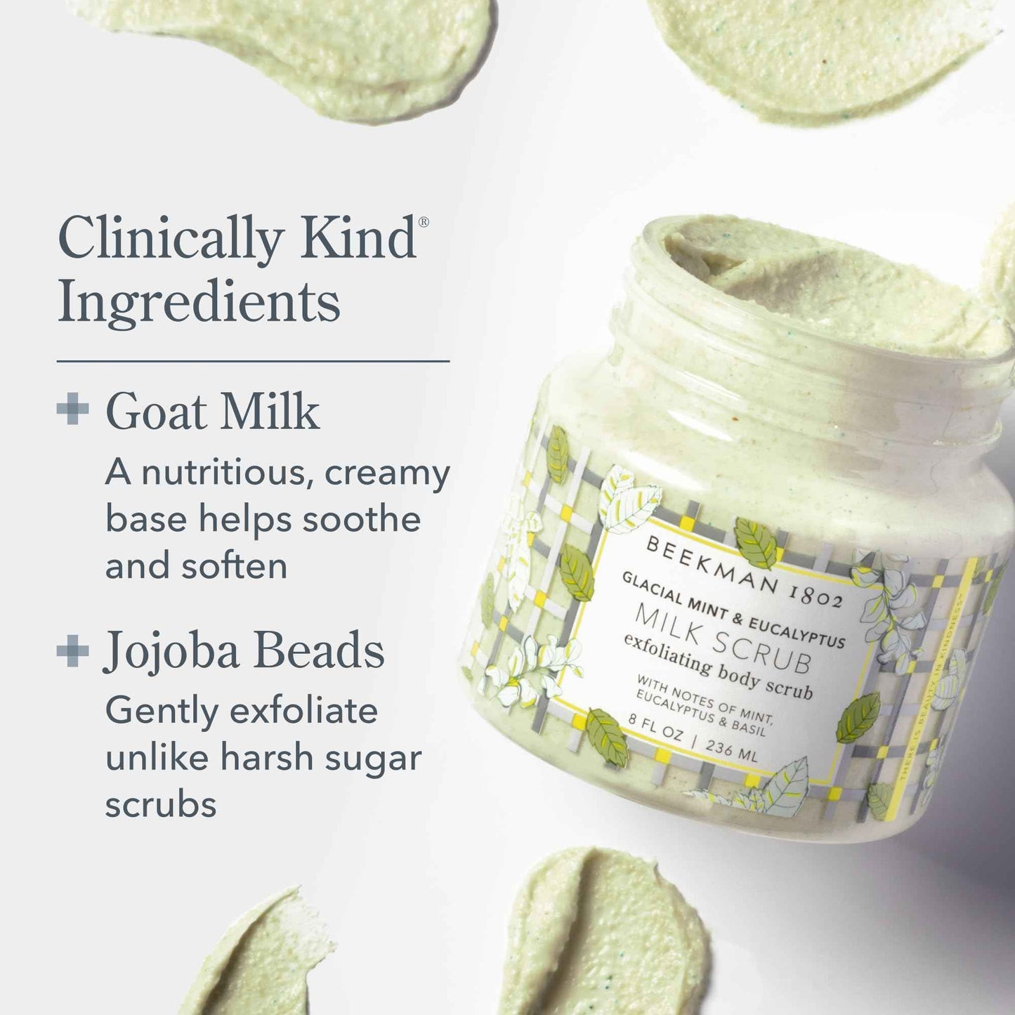 Beekman 1802 Glacial Mint & Eucalyptus Exfoliating Milk Body Scrub - 8.0 fl oz - Smooths & Evens Out Tone - With Goat Milk & Jojoba Beads - Skin Barrier Safe - Good for Sensitive Skin - Cruelty Free