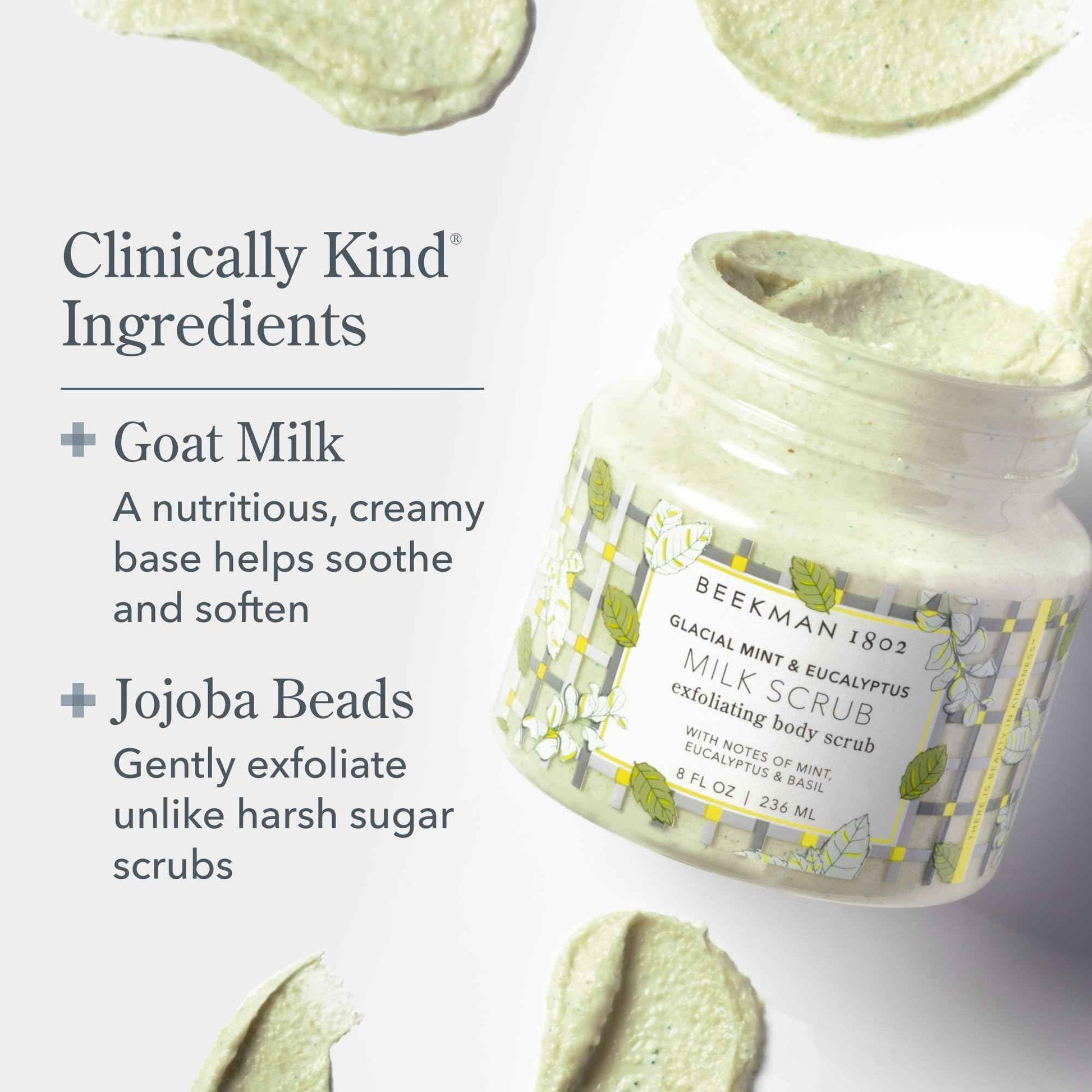 Beekman 1802 Glacial Mint & Eucalyptus Exfoliating Milk Body Scrub - 8.0 fl oz - Smooths & Evens Out Tone - With Goat Milk & Jojoba Beads - Skin Barrier Safe - Good for Sensitive Skin - Cruelty Free