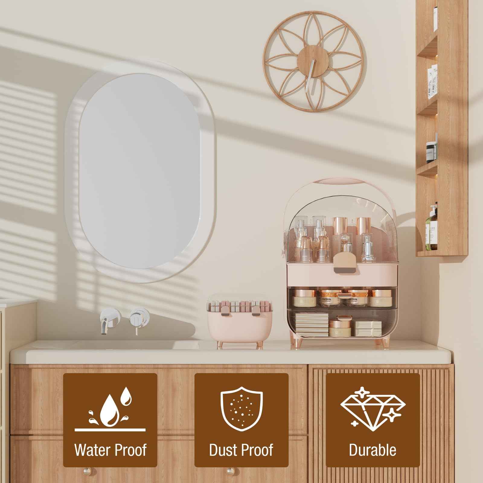 CLBDRESS Makeup Organizer Countertop, Skincare Organizers for Vanity, Storage Box with Lipstick, Large Cosmetic Display Cases for Bathroom, Teen Girl Gifts Make up Organizers for Dresser (Rose Pink)