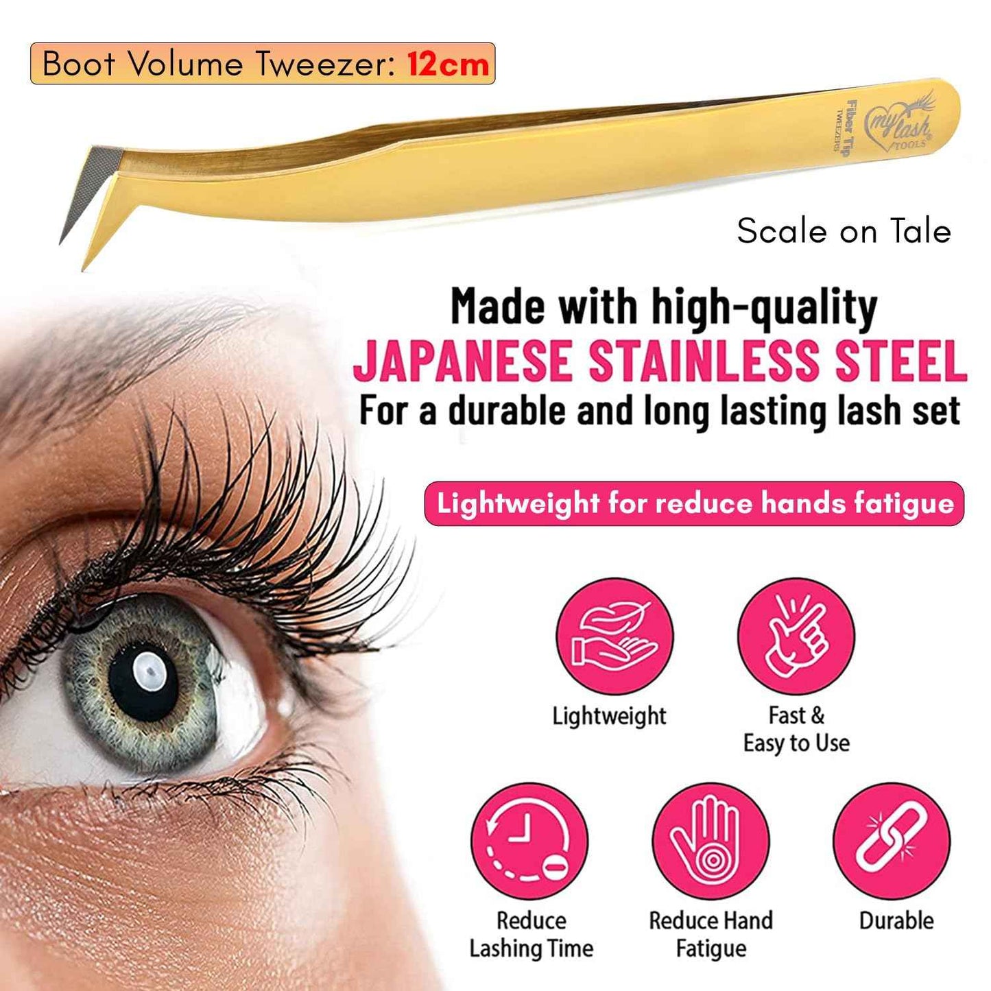My Lash Tools Fiber Tip Lash Tweezers for Eyelash Extensions Pro Tweezer for Volume Lashes Japanese Stainless Steel Mink Lashes Fan Making Mega Volume Boot Angled Lashing Tweezers (Gold)