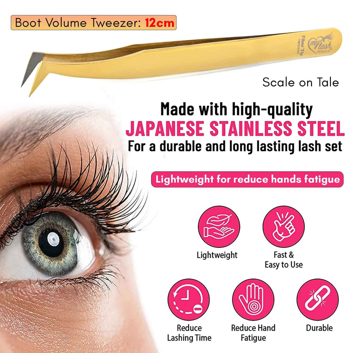 My Lash Tools Fiber Tip Lash Tweezers for Eyelash Extensions Pro Tweezer for Volume Lashes Japanese Stainless Steel Mink Lashes Fan Making Mega Volume Boot Angled Lashing Tweezers (Gold)