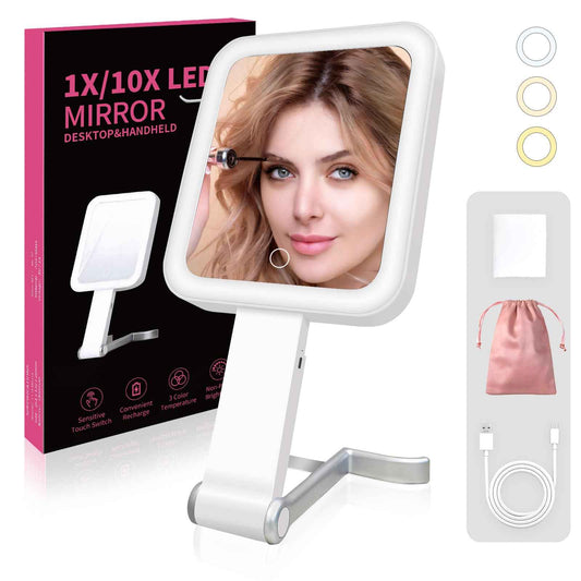 gogofree Makeup Mirror with Light, 10X/1X Double-Sided Magnifying Mirror, Rechargeable Portable Travel Vanity Mirror, Brightness Adjustable, 3-Color Lighting, Tabletop, Handheld & Hanging Options