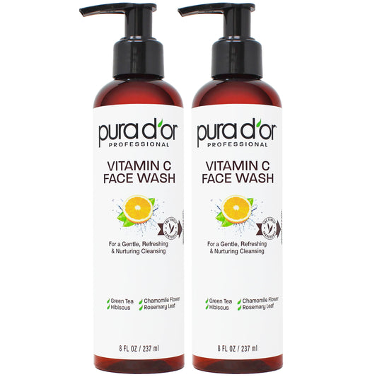 PURA D'OR Vitamin C Face Wash (8oz x2 = 16oz) Antioxidant Rich Brightening Facial Cleanser For Radiant Glow & Even Skin Tone - Gentle, Refreshing, Nurturing, Hydrating, Sulfate & Paraben Free Formula